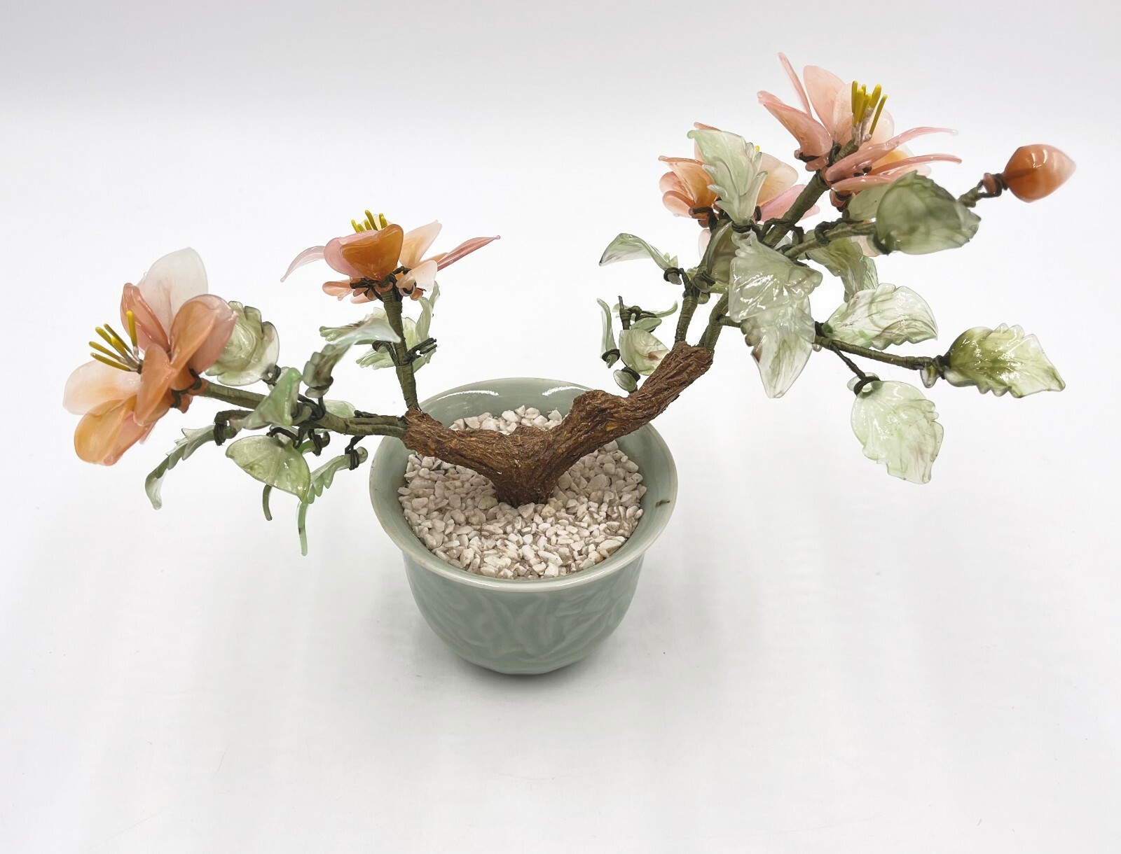 Vintage Bonsai Tree Jade Pink Peony Flowers in Celadon Ceramic Pot, 9″ tall
