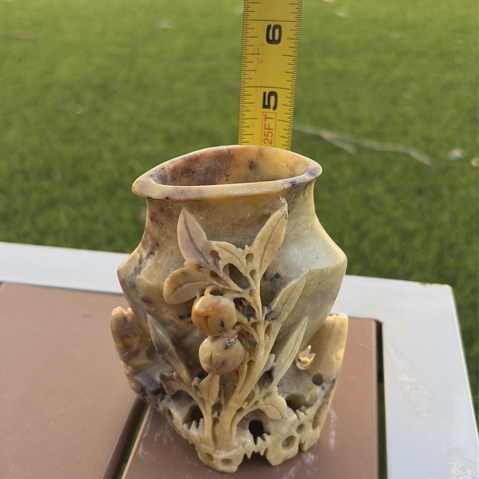 Vintage Chinese Soap Stone Carved Flowers in Sculptured Vase 4 1/2 Inches
