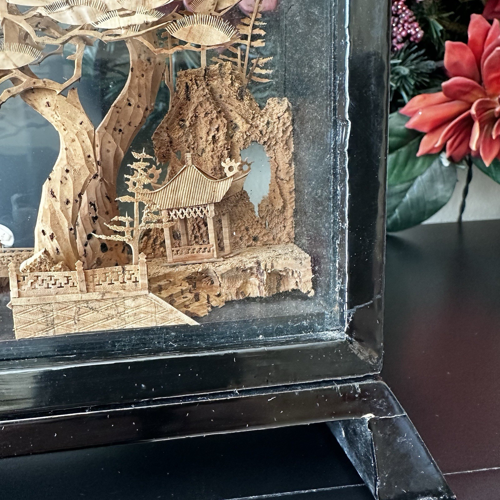 Vintage Chinese Cork Art Diorama 12.5” Pagoda Bridge Cranes Display Case
