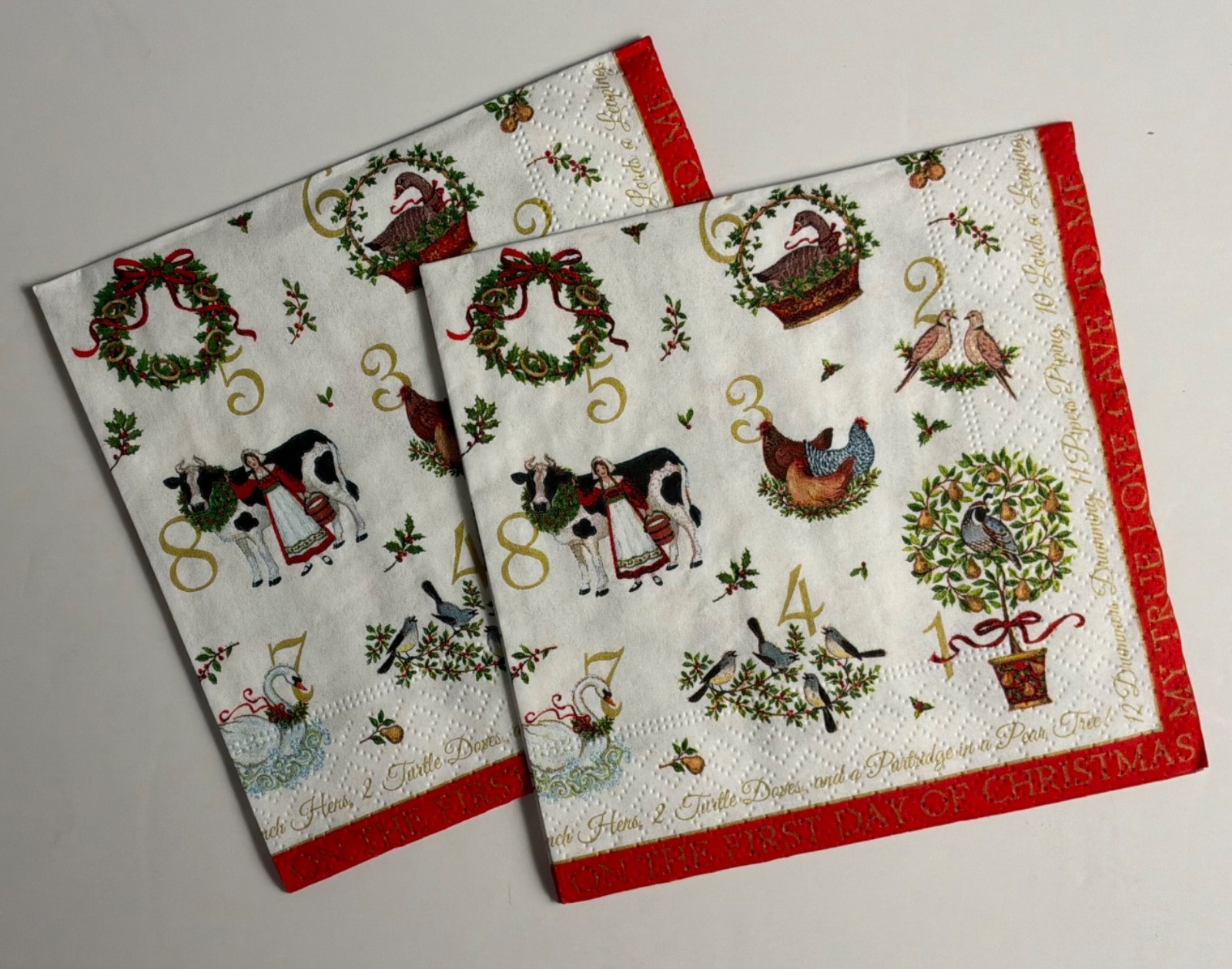 2 Twelve 12 Days of Christmas COCKTAIL Napkins Caspari Oyster shell decoupage