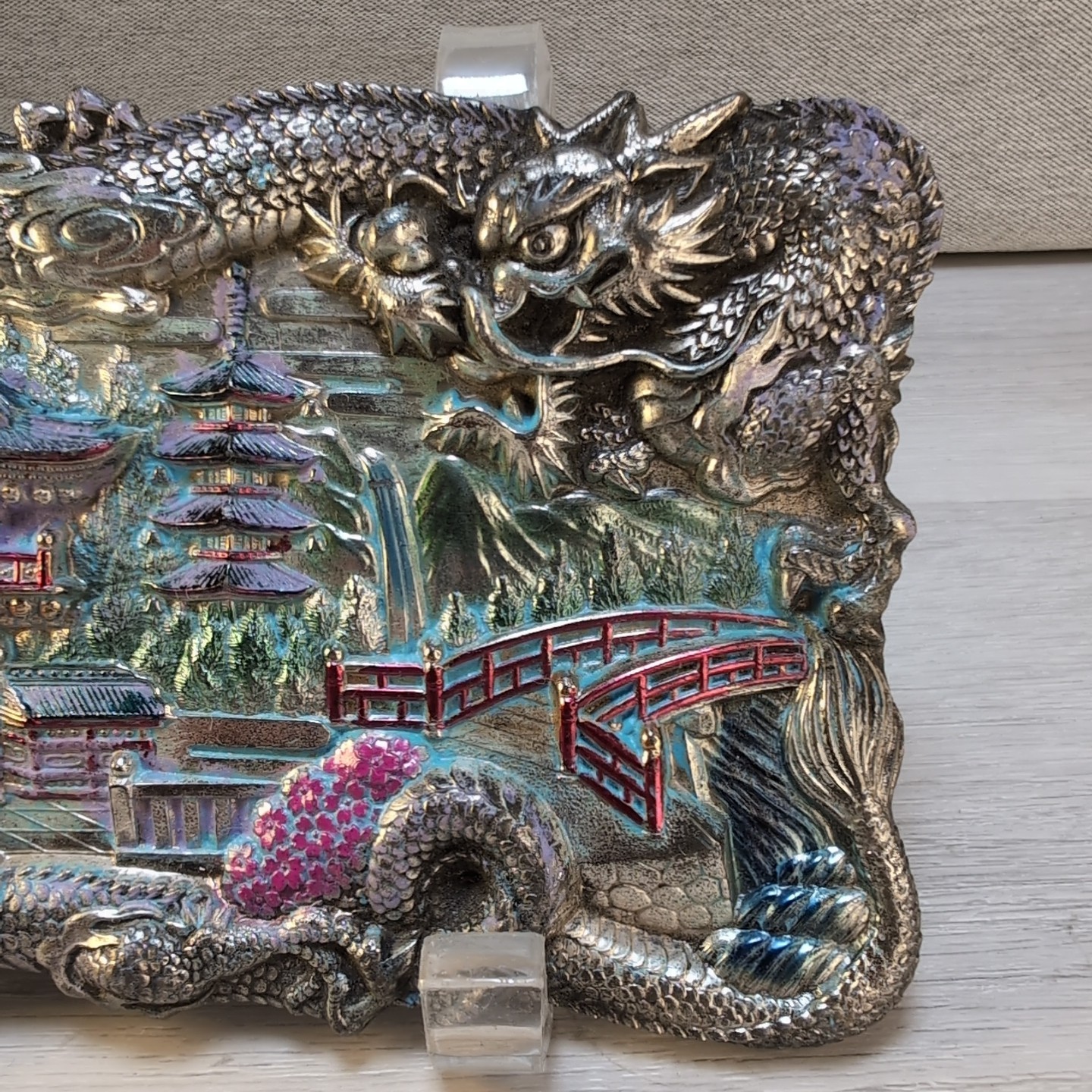 Antique Chinese Dragon Repousse Metal Tray Plaque Wall Art Jewelry Box Lid 7″x4″