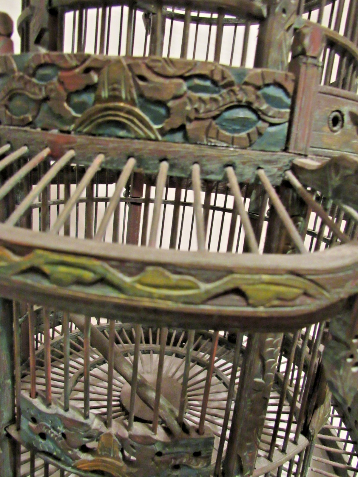 Vintage Chinese Wood Carved Pagoda Bird Cage, Oriental Geisha, Round