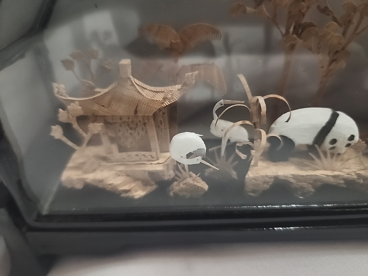 Vintage Hand Carved Cork Diorama Cranes, Panda, Pagoda Trees Art, Glass Case