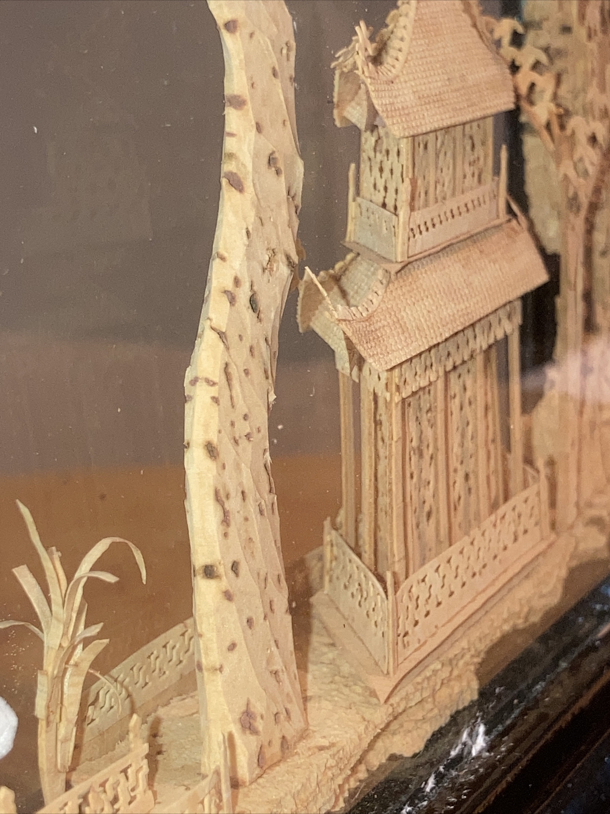 VINTAGE CHINESE SAN YOU DIORAMA CORK CARVING GLASS CASE PAGODA TREES & CRANES