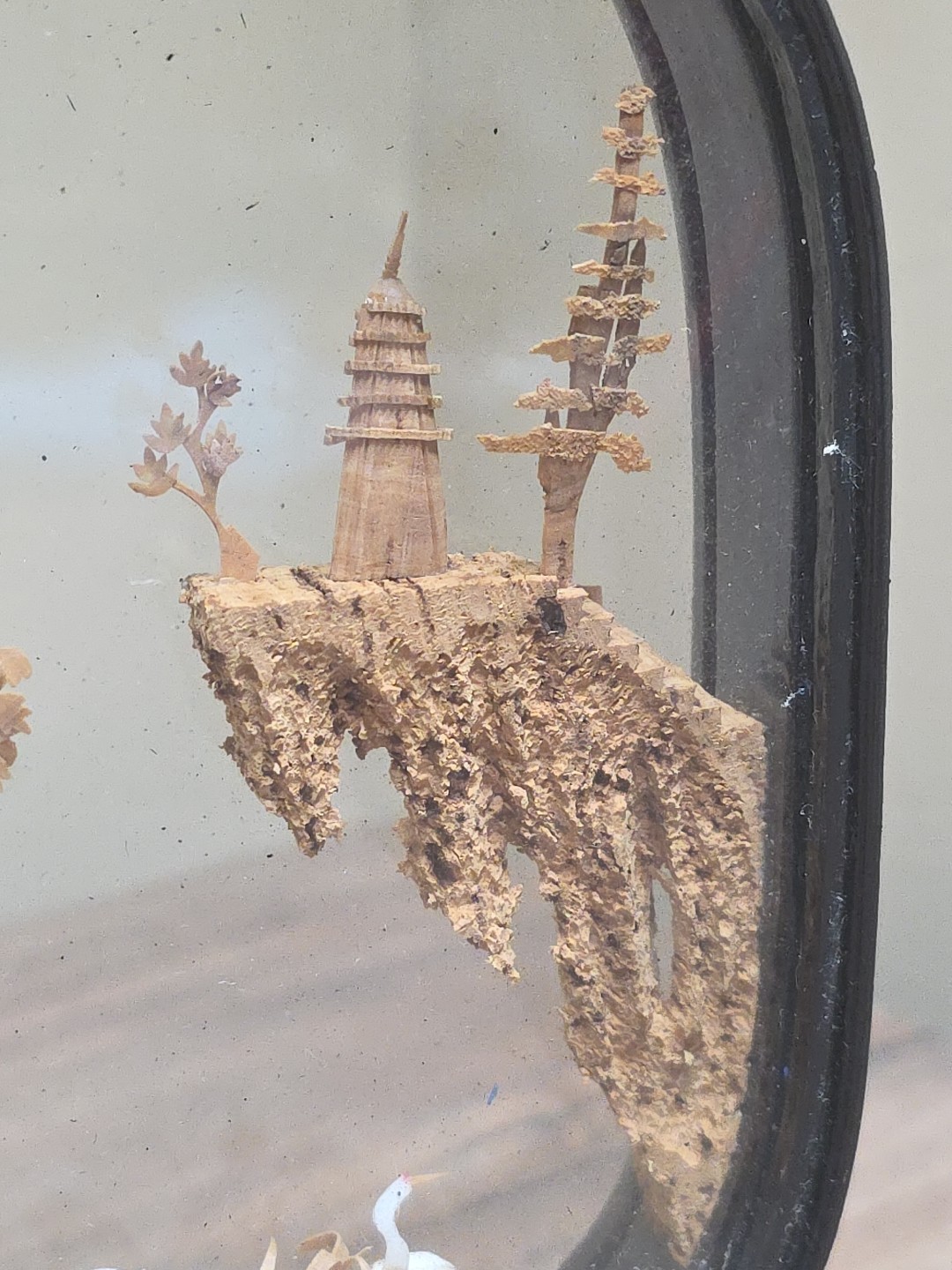 Vintage Chinese Cork Hand Carved Diorama In Glass & Black Laquered Wood Case