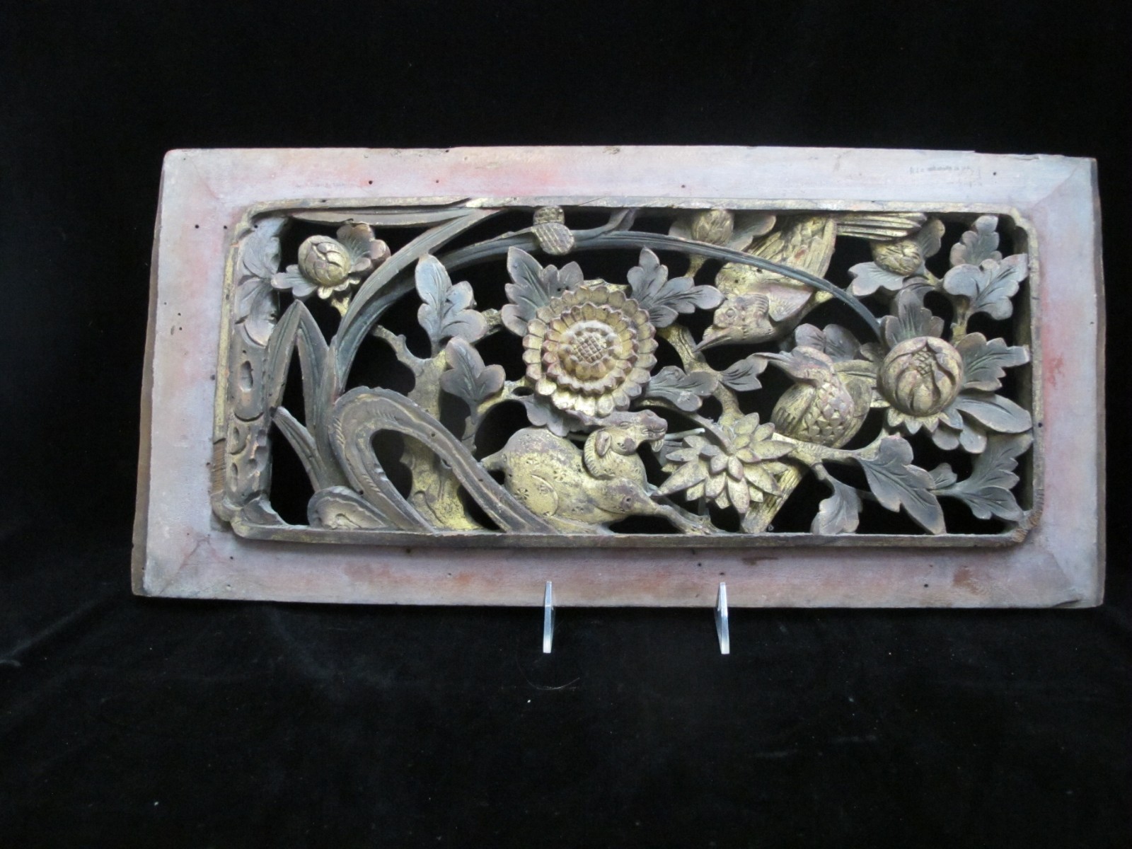 CHINESE Carved Pierced Gilt Wood GOAT Animal Flower & BIRD Art Wall Panel