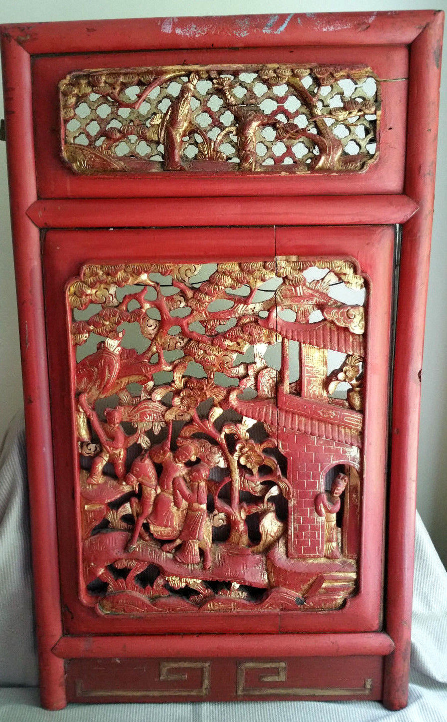 ANTIQUE CHINESE CARVED WOOD Wall Furniture PANEL Gold Red