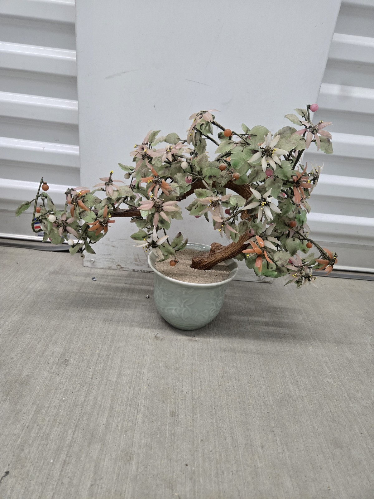 Vintage Chinese Jade Quartz Stone Glass Flower Bonsai Tree 12″ x 19″ Celadon Pot