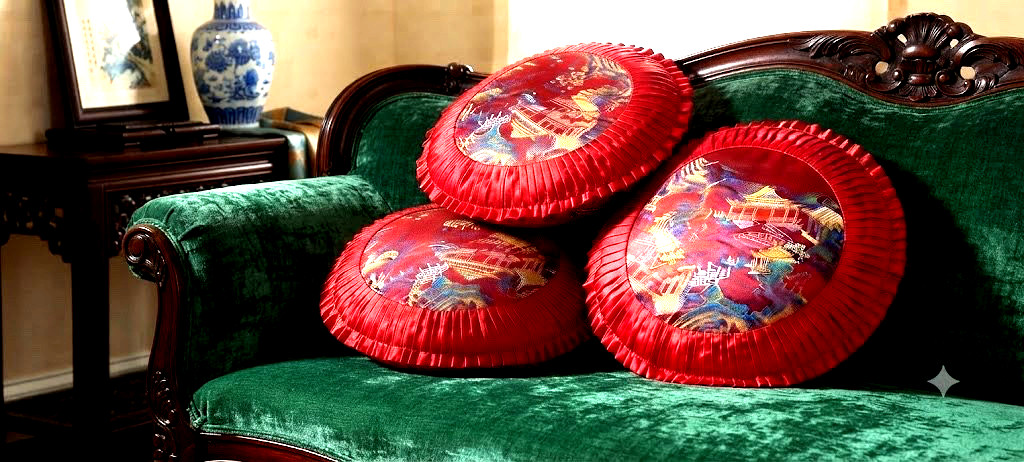 Asian Brocaded Flowers Silk Embroidered Red Round Pillowcases Size-19×19 in