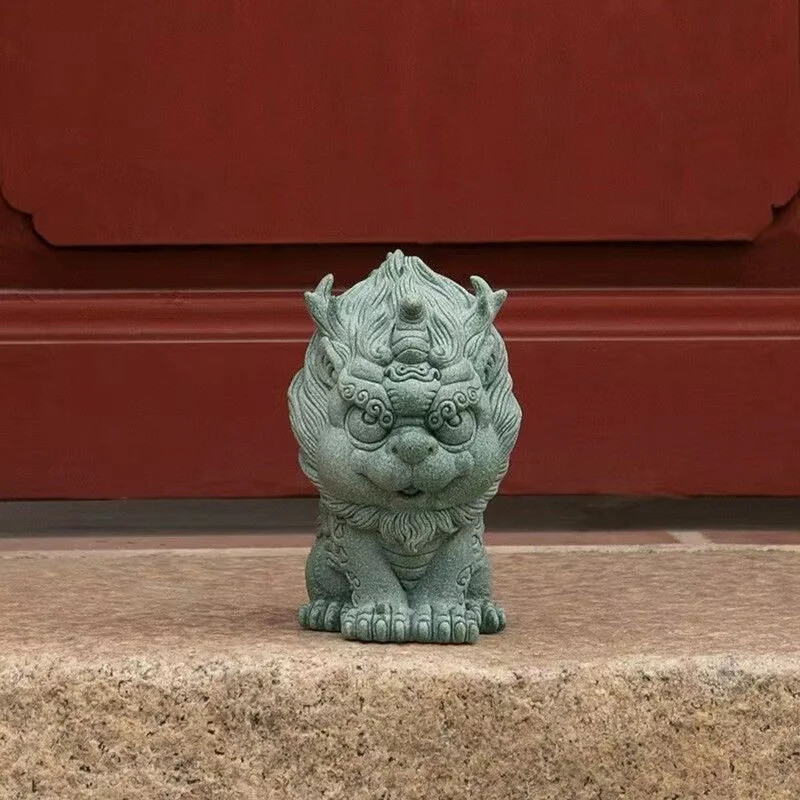 Chinese Style Rui Beast Kirin Statuette Green Sand Stone Art Sculpture Home Room