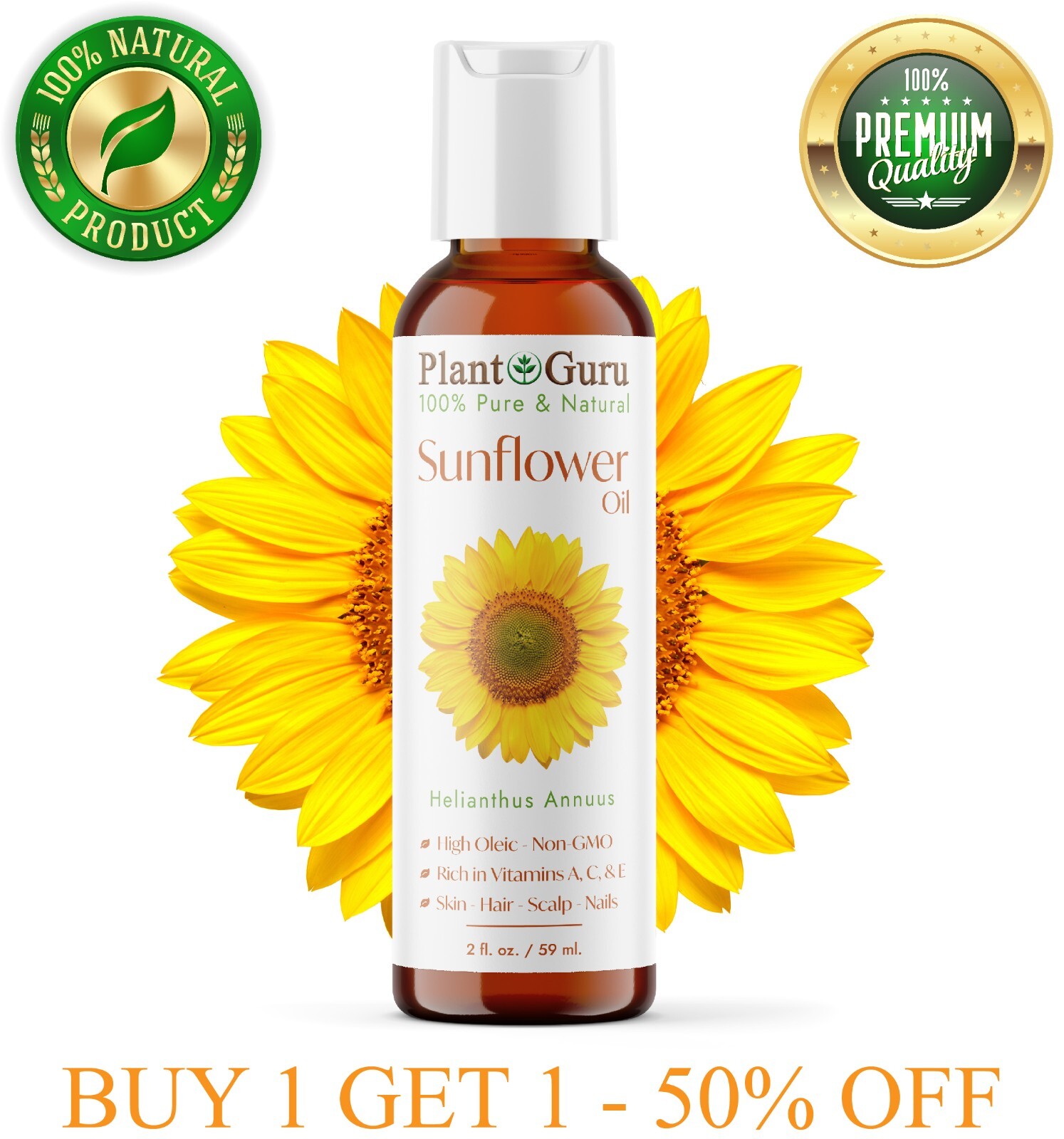 Sunflower Seed Oil 2 oz HIGH OLEIC Cold Pressed REFINED Seed 100% Pure Natural
