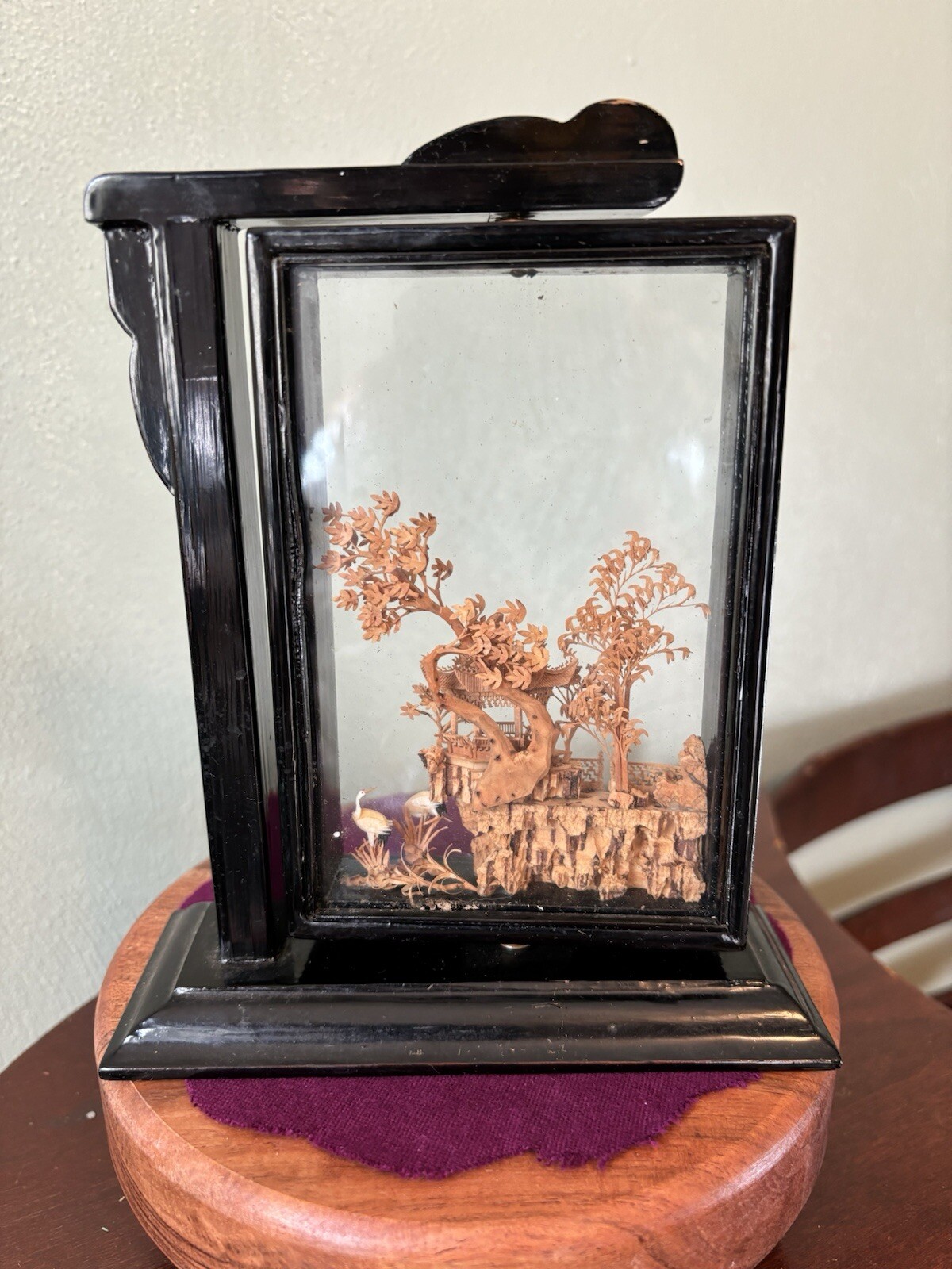 VTG Oriental Hand Carved Cork Diorama of Pagoda & Crane in Dark Wood Swing Base