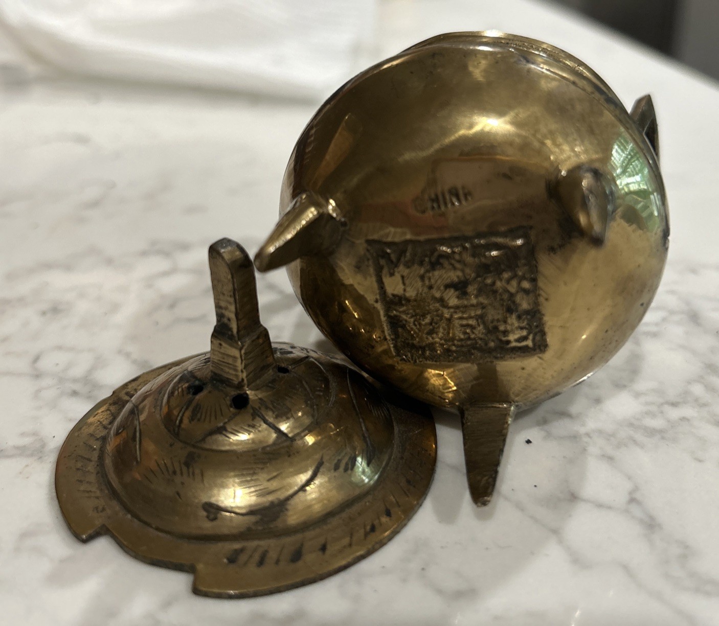 Old Vintage Marked 3″ Chinese Brass Footed Incense Burner Tri Footed Marked