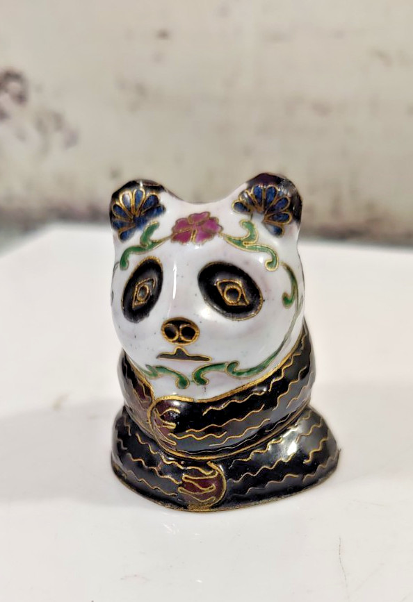 Vintage Chinese Cloisonne Mutli Colored Floral Pattern Panda Bear Figurine