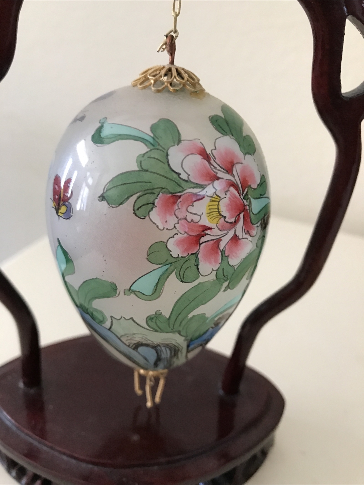 Vintage Reverse Hand painted Hanging Chinese Glass & Brass Egg On Wood Stand