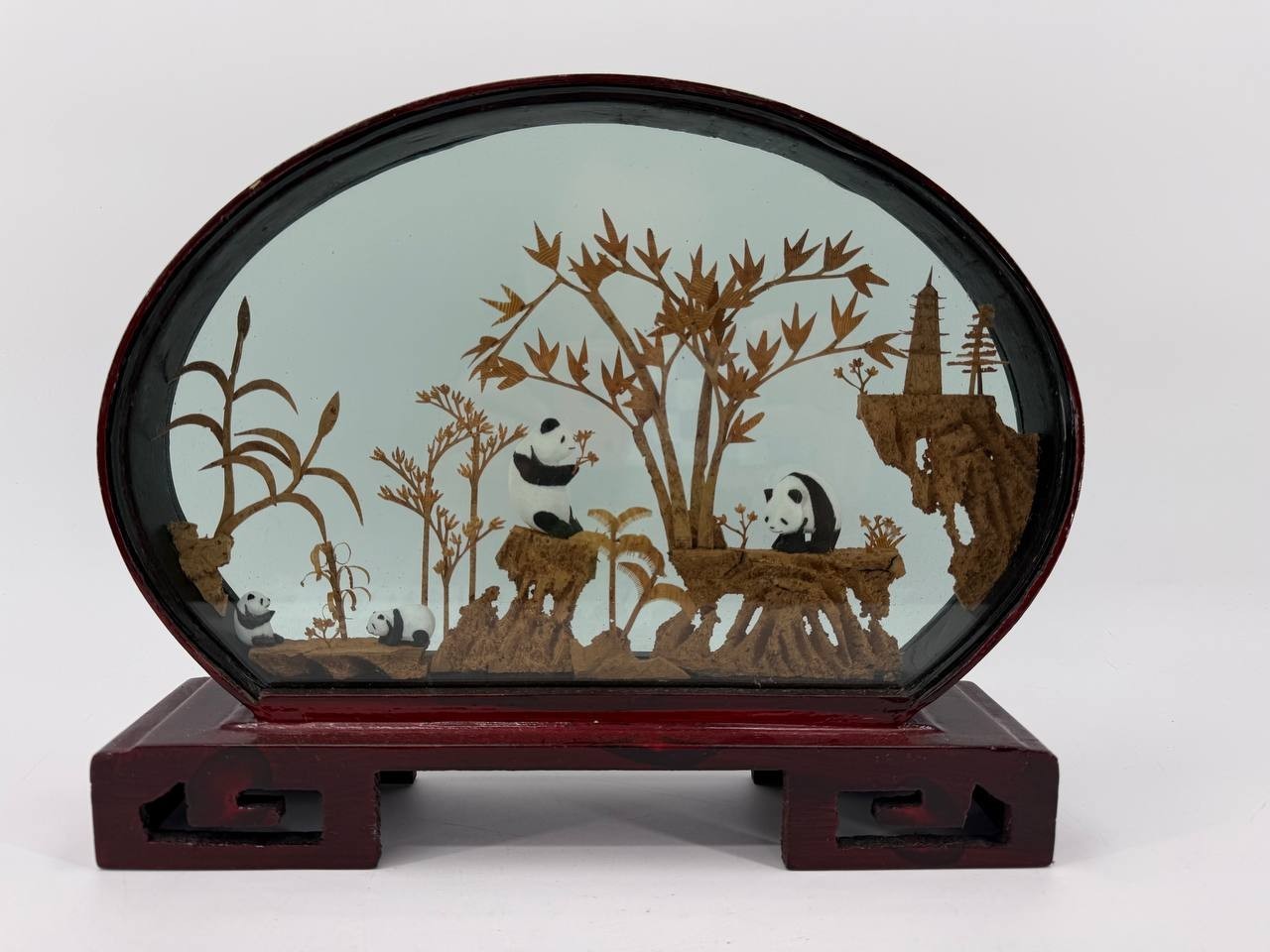 Chinese Cork Carving Panda Diorama Glass Wood Frame Tabletop Decor 1.5 lb