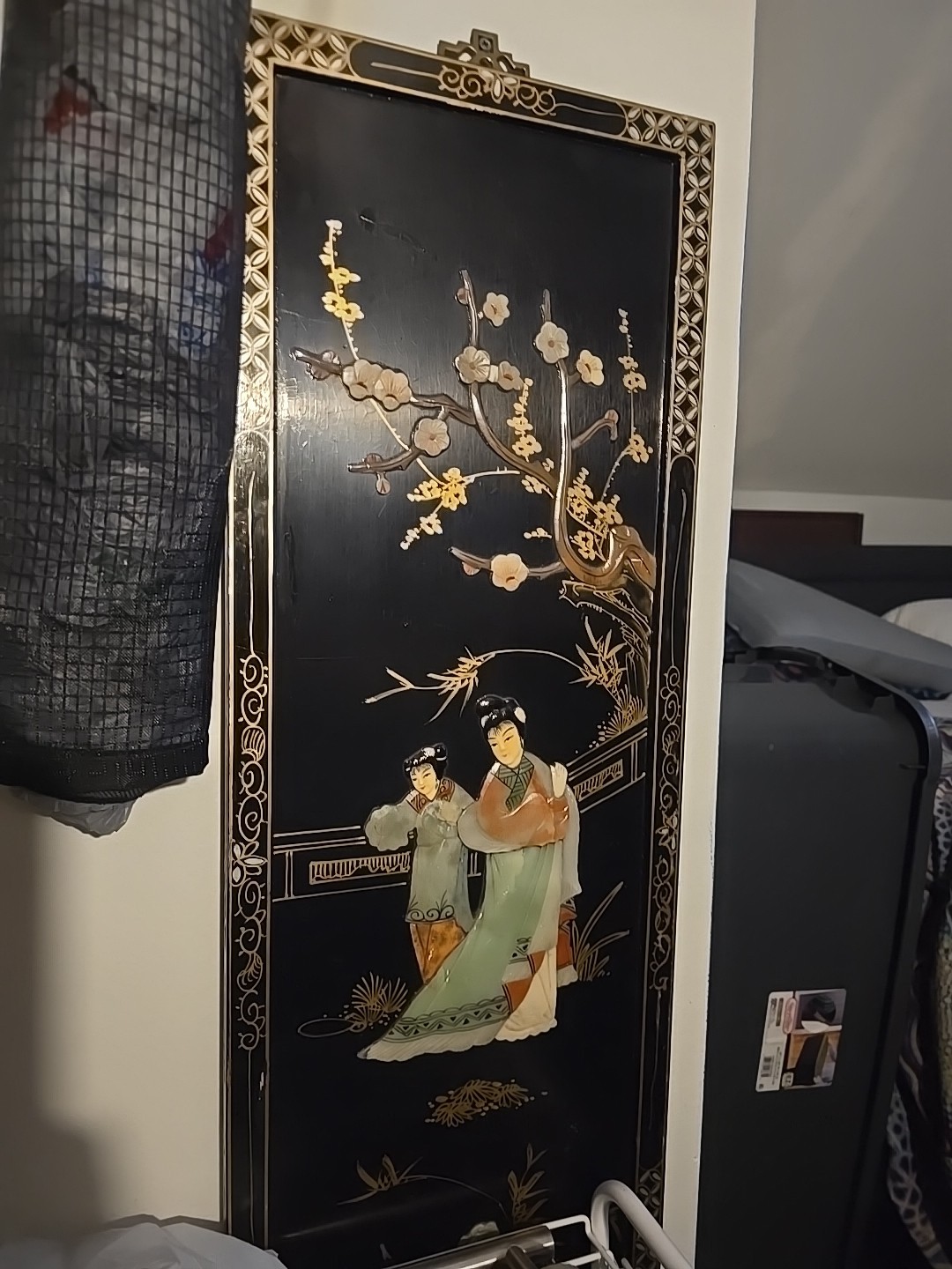 *RARE*MotherPearl Black Lacquer Antique Asian Wooden Wall Art