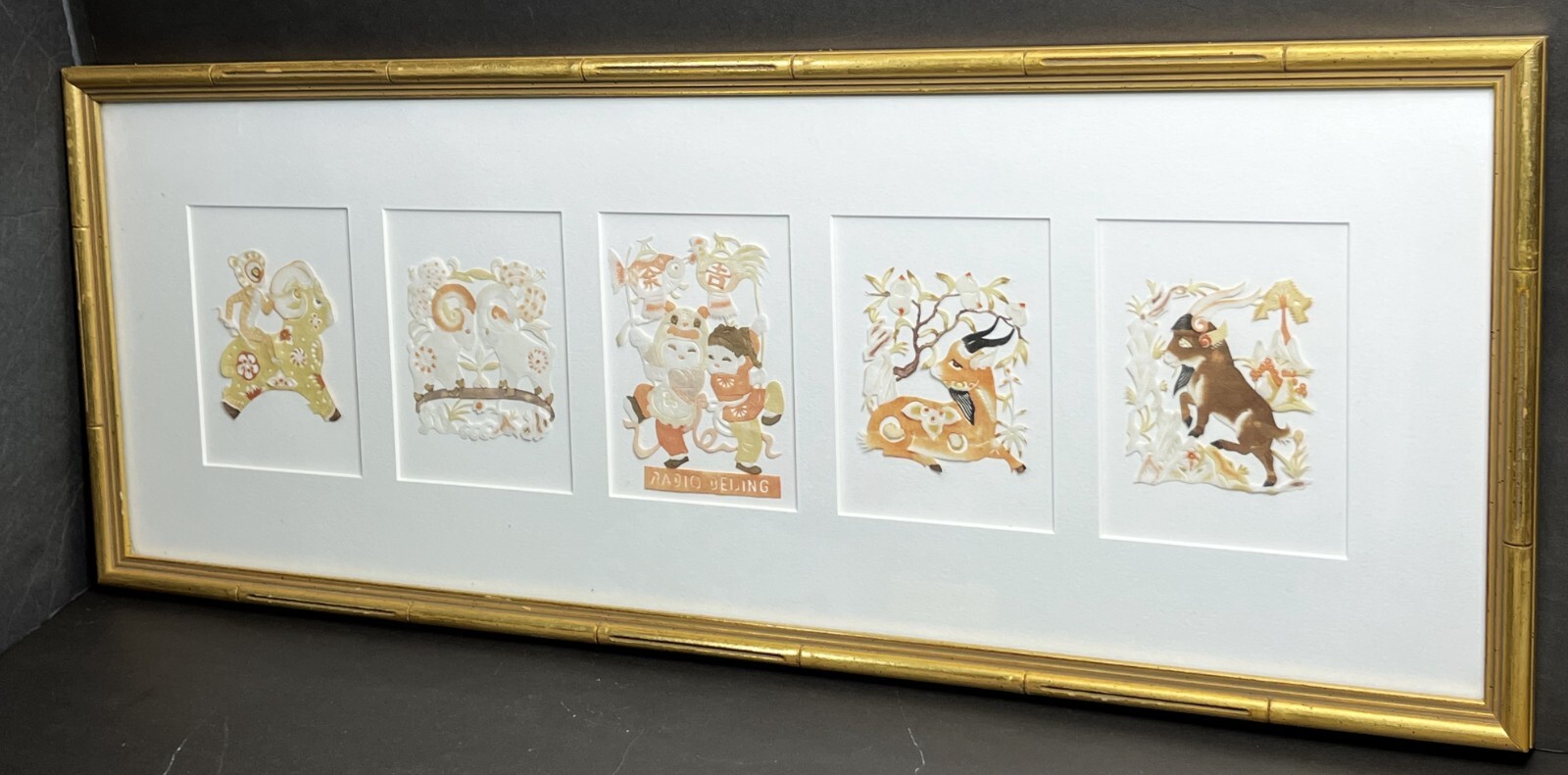 Chinese Paper Cut-Outs Set Vintage Radio Beijing Children Animals Monkey Framed