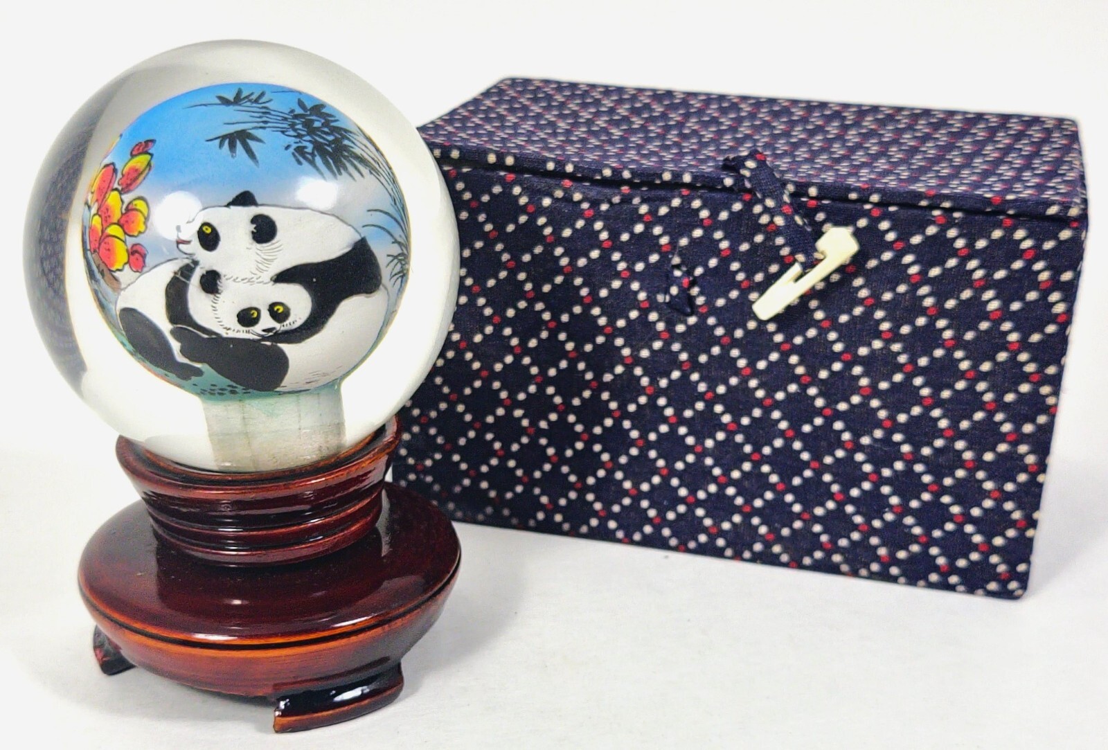 Chinese Reverse Painted Snuff Bottle Globe on Teak Pedestal Hand Painted Pandas