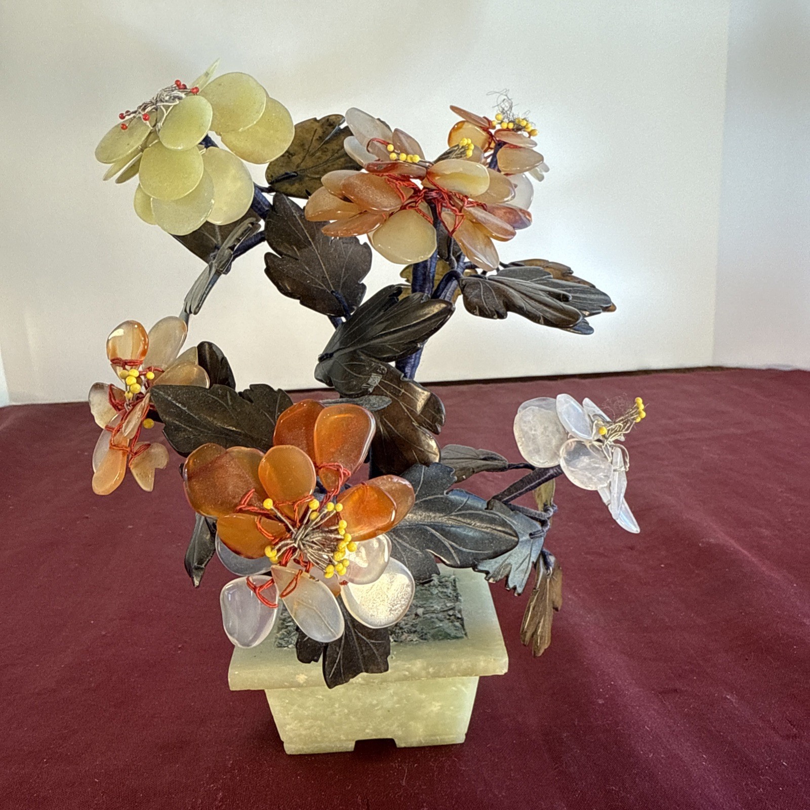 Vintage Gemstone Bonsai Tree Carnelian Amethyst, Rose & Jade Floral Sculpture 8″