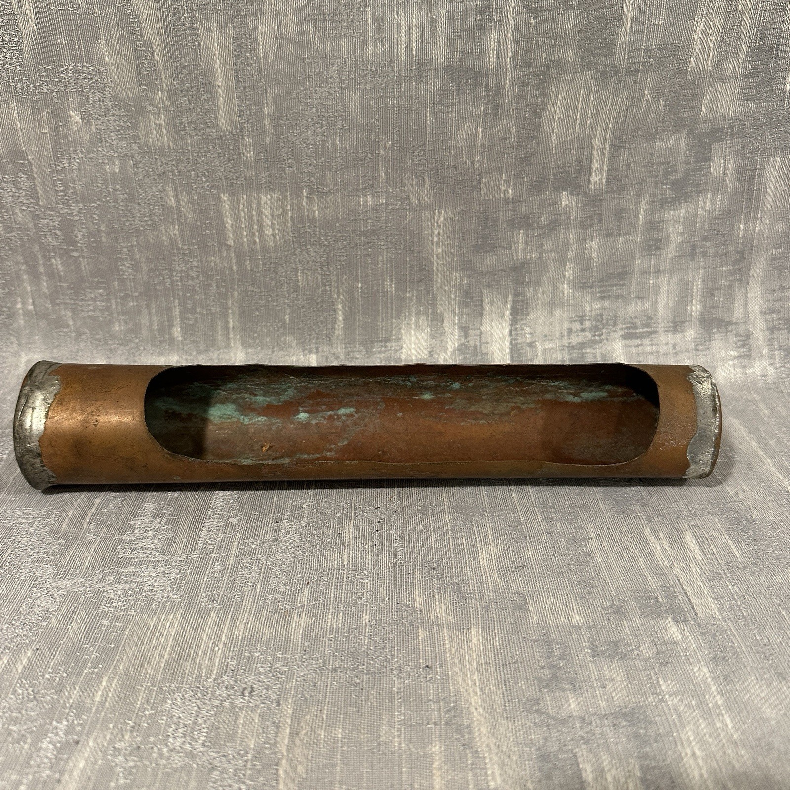 Vtg Chinese Carved Bamboo Junk Fishing Boat Copper Calligraphy Brush Tray Insert