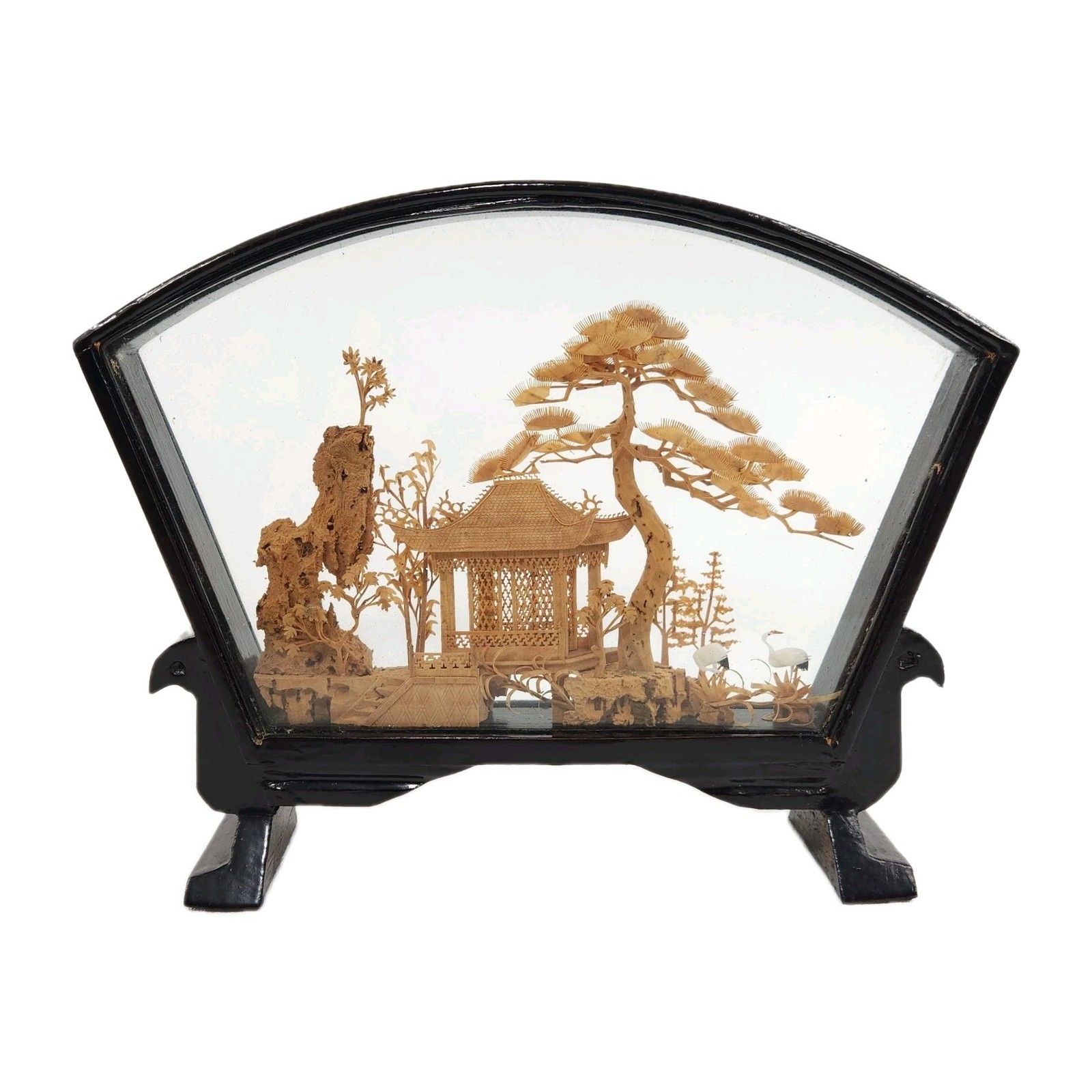 Vintage Chinese Diorama Cork Carving Glass Case Pagoda Trees Cranes
