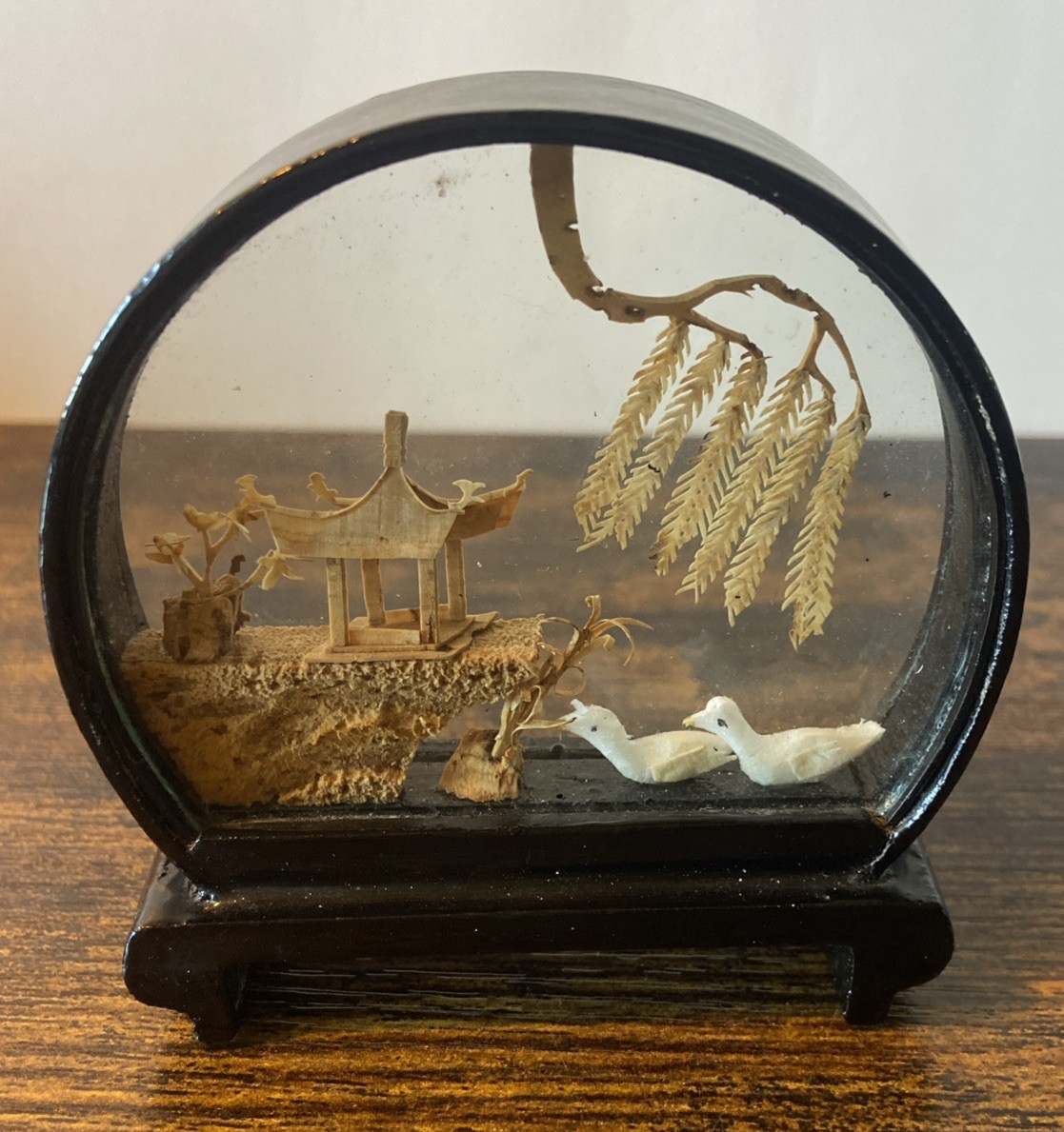 Carved Cork Chinese Art Diorama with Cranes Pagoda & Trees Black Lacquer Vintage