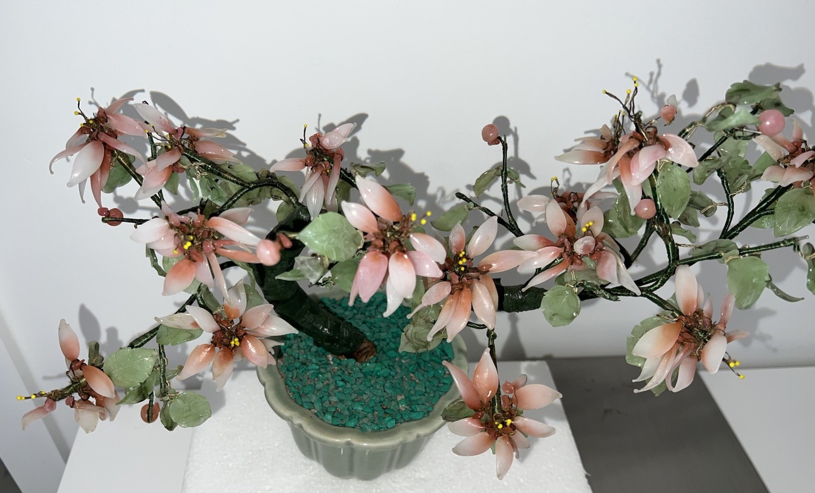(…-6)Jade Like Flower Pink Glass Asian Bonsai Tree Leaves Missing And Damage.