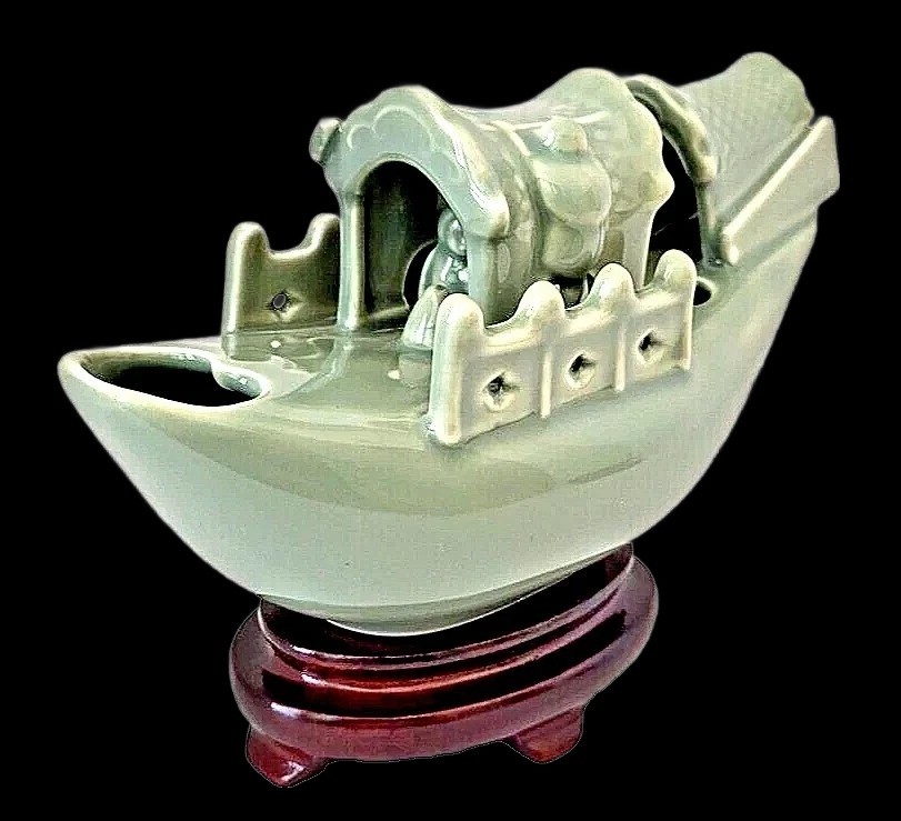 Yi Lin Arts and Treasures Celadon Boat and Wooden Stand with Silk Brocade Box