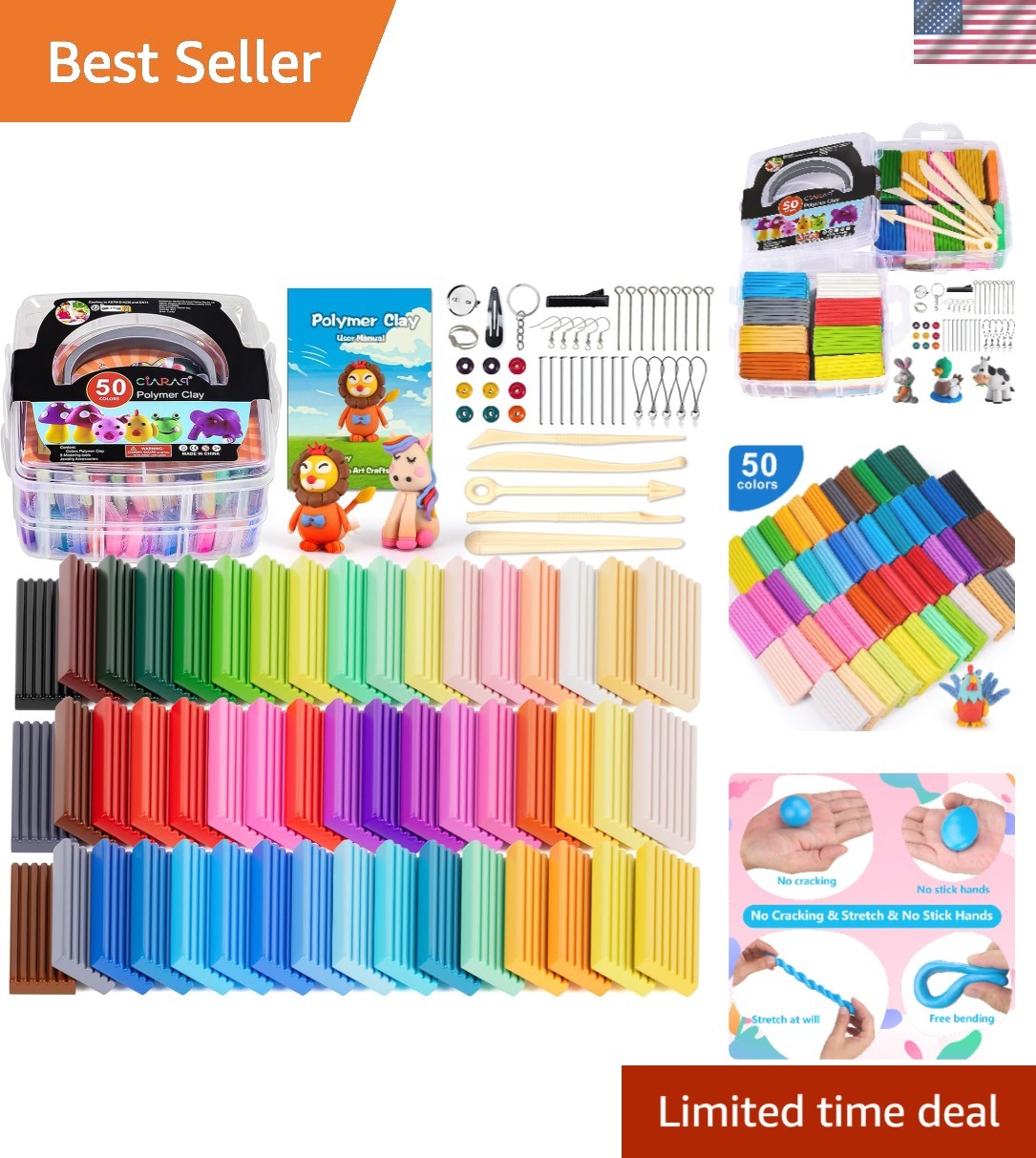 50-Color Non-Toxic Polymer Clay Oven Bake Kit with Sculpting Tools & Storage Box