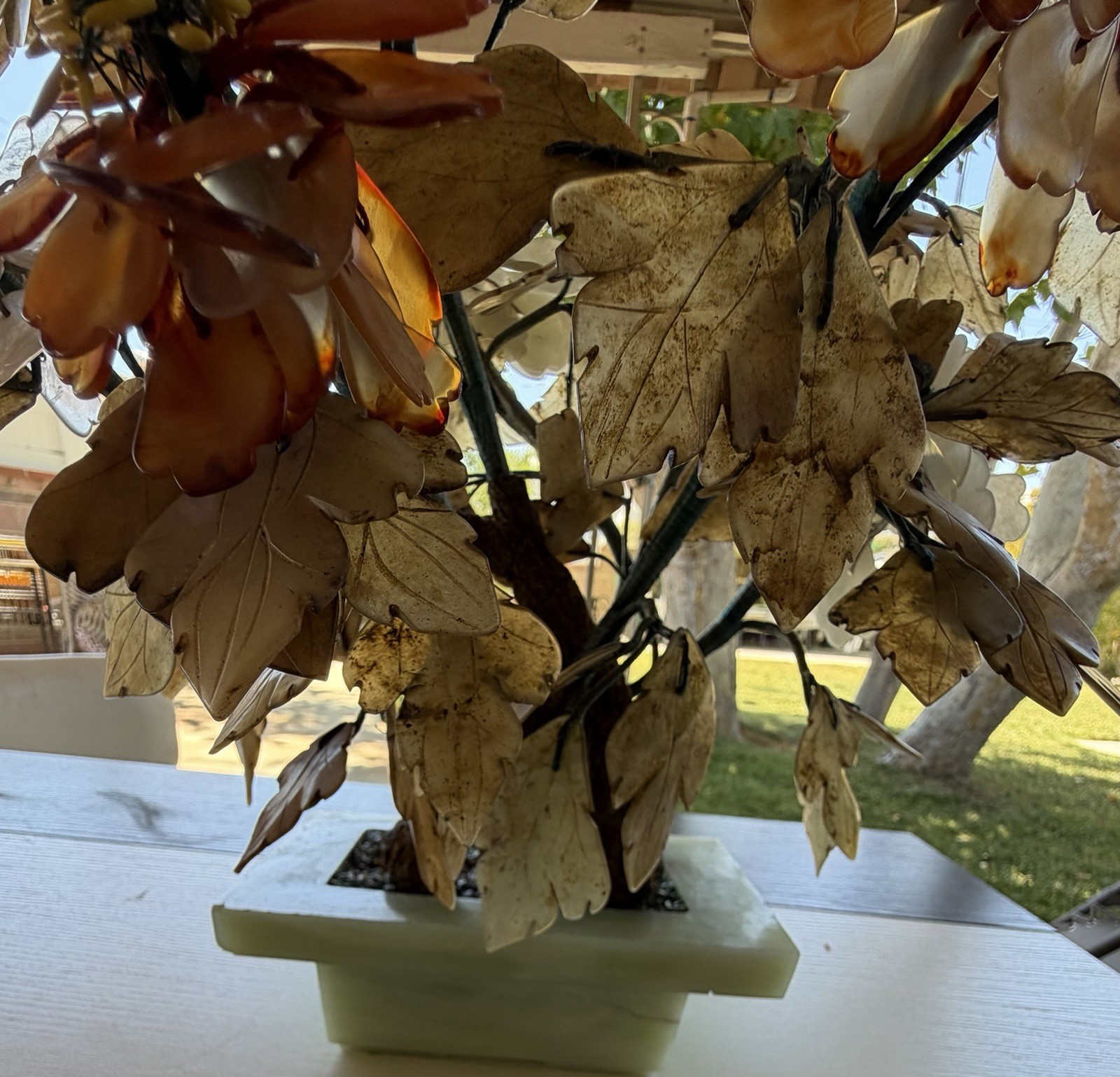 Vintage Chinese Jade & Stone Bonsai Flower Tree Sculpture Asian Decor