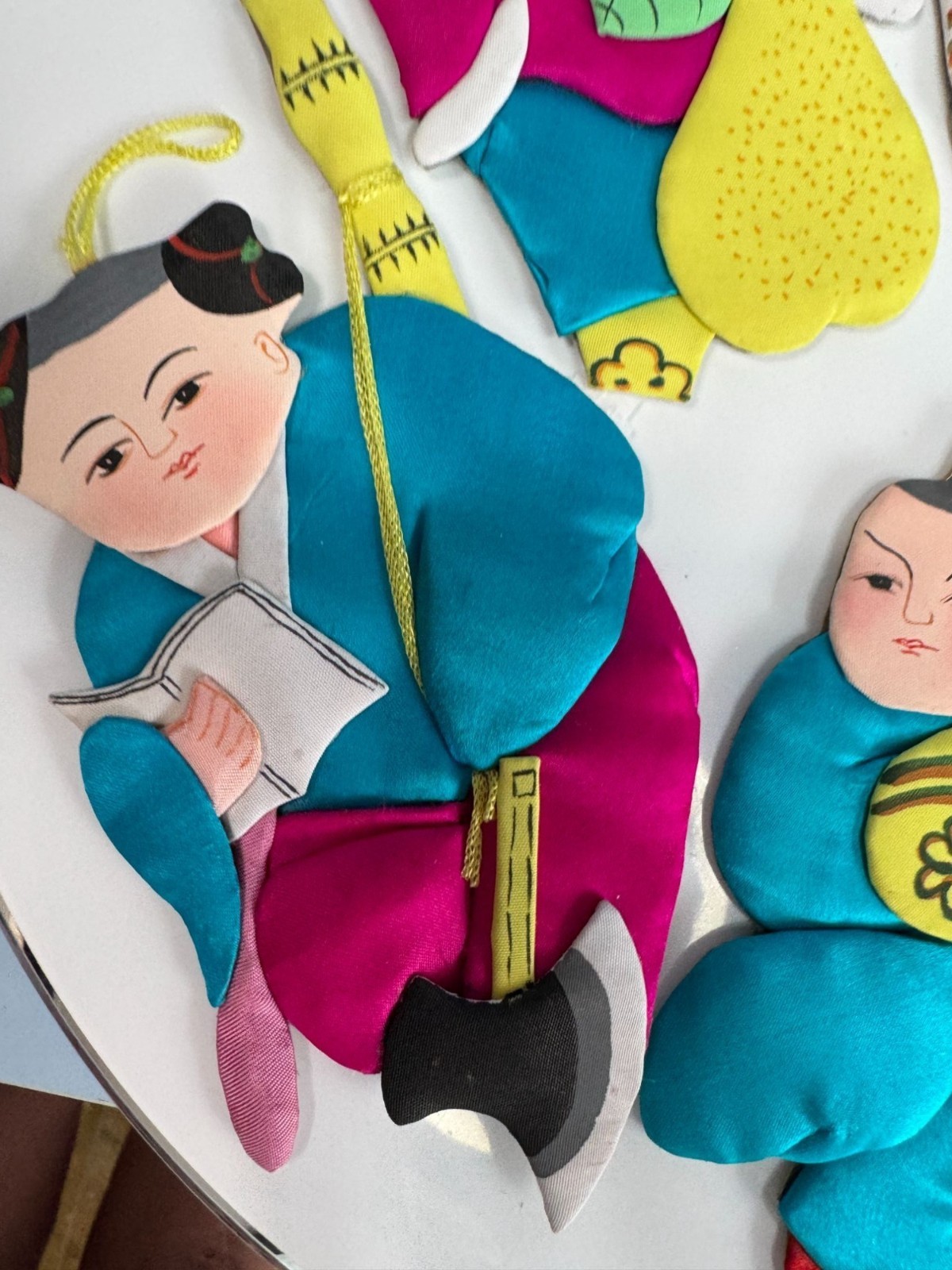 Set Of 6 Vintage Chinese Silk & Cardboard Ornaments Folk Figures 6″ No Box