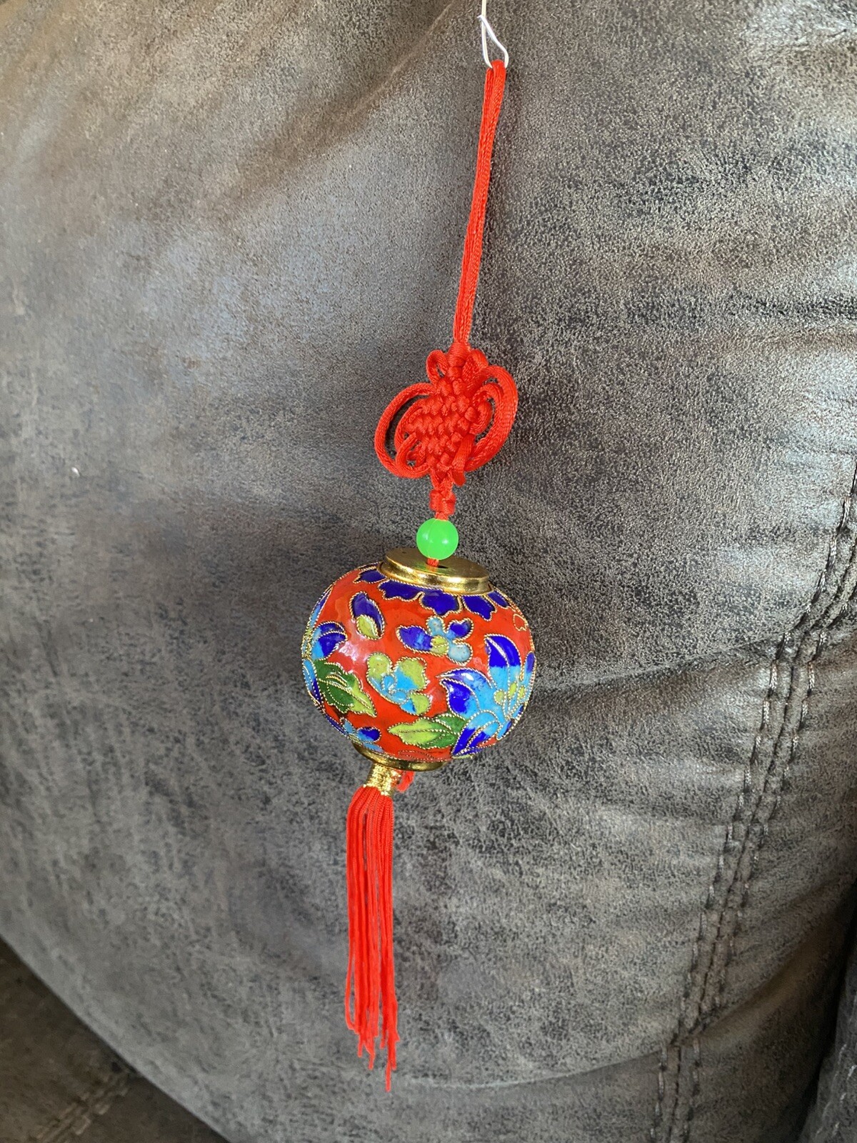 Rare Vtg Oriental Chinese Cloisonne Enamel Ball Gold Red Knot & Tassel Ornament