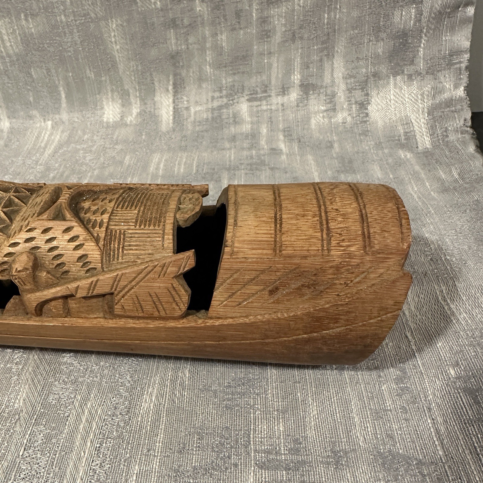 Vtg Chinese Carved Bamboo Junk Fishing Boat Copper Calligraphy Brush Tray Insert