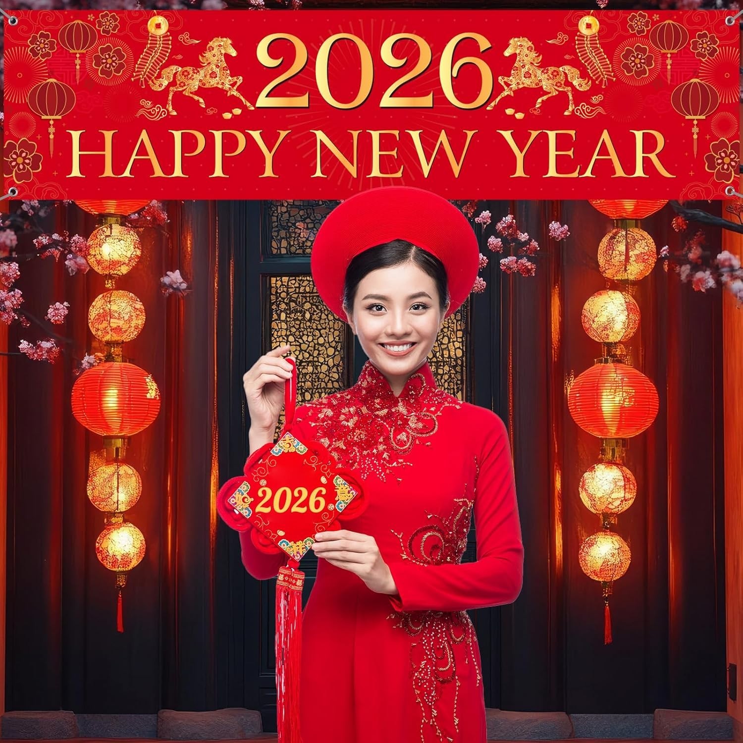 Elegant Red & Gold Chinese New Banner – Perfect Indoor/Outdoor Decoration