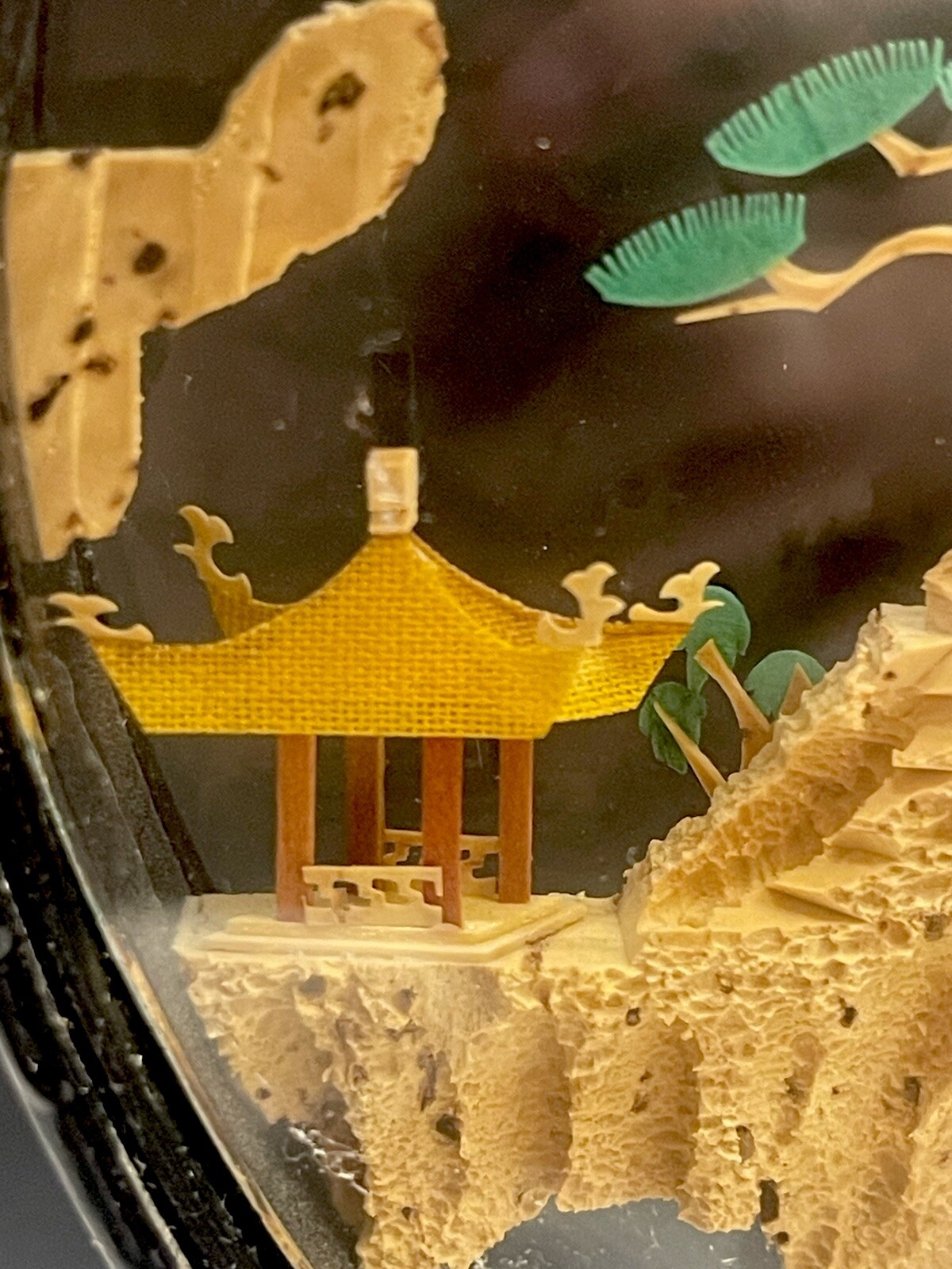 VTG PERFECT Chinese Cork Carving Lattice Pavilion Diorama Black Lacquer Frame