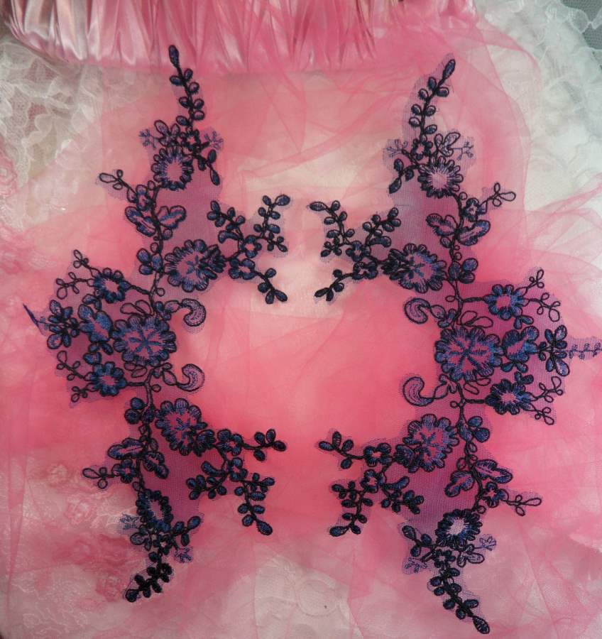 Embroidered Venice Lace Appliques Navy Floral Venice Lace Mirror Pair 13″(DH107)