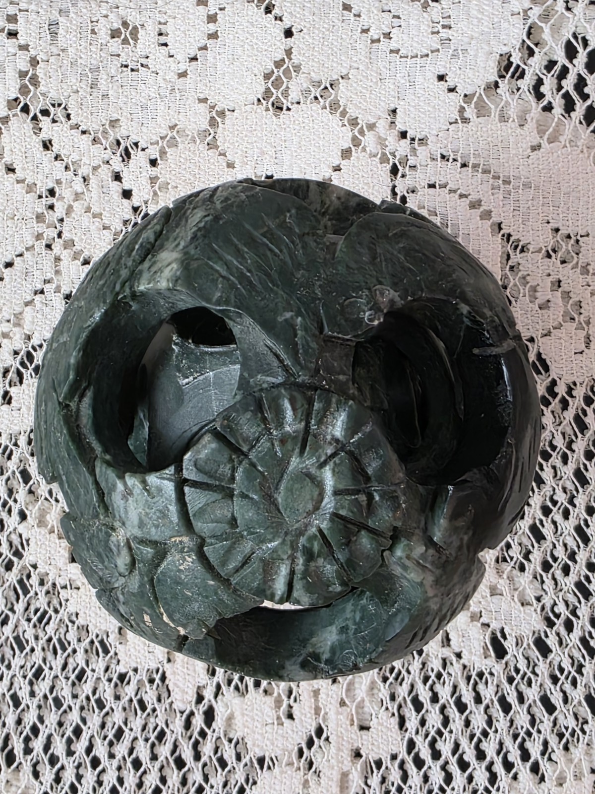 Vintage Carved Green Soapstone Chinese Puzzle Ball 4″ Mystery Sphere w/ Wood…