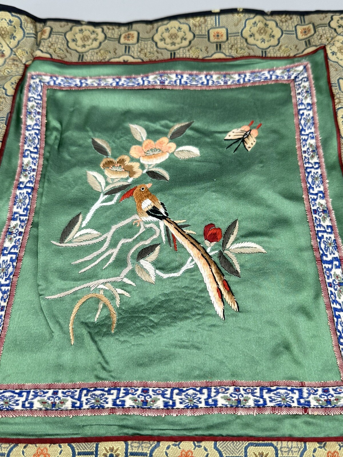Vintage Chinese Silk Flower Floral With Elegant Bird Embroidery Panel 11x12in”