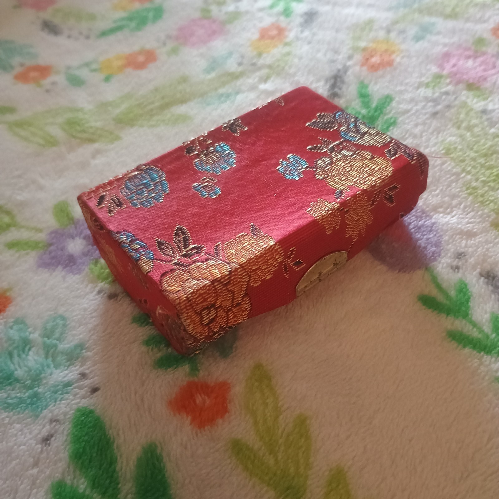 Chinese Red Silk Brocade Jewelry Box with Mirror