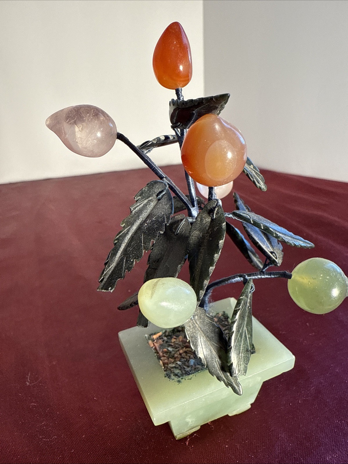 Vintage Jade & Gemstone Bonsai Tree – Carnelian Rose & Jade Floral Sculpture 5″