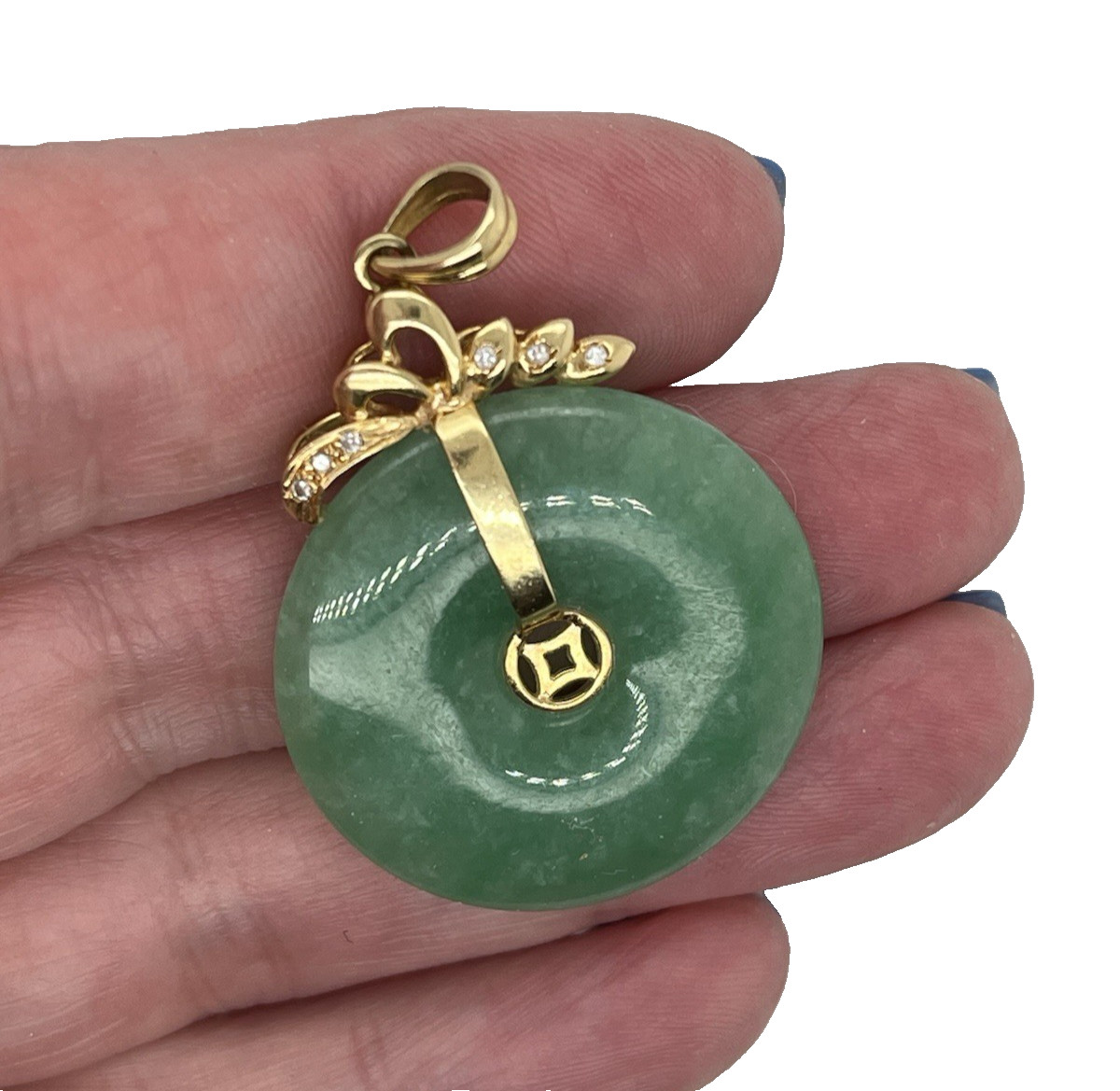 18K Yellow Gold 6 Diamond Accent Chinese 1.5″ Ice Green Lucky Jade Pendant 10g