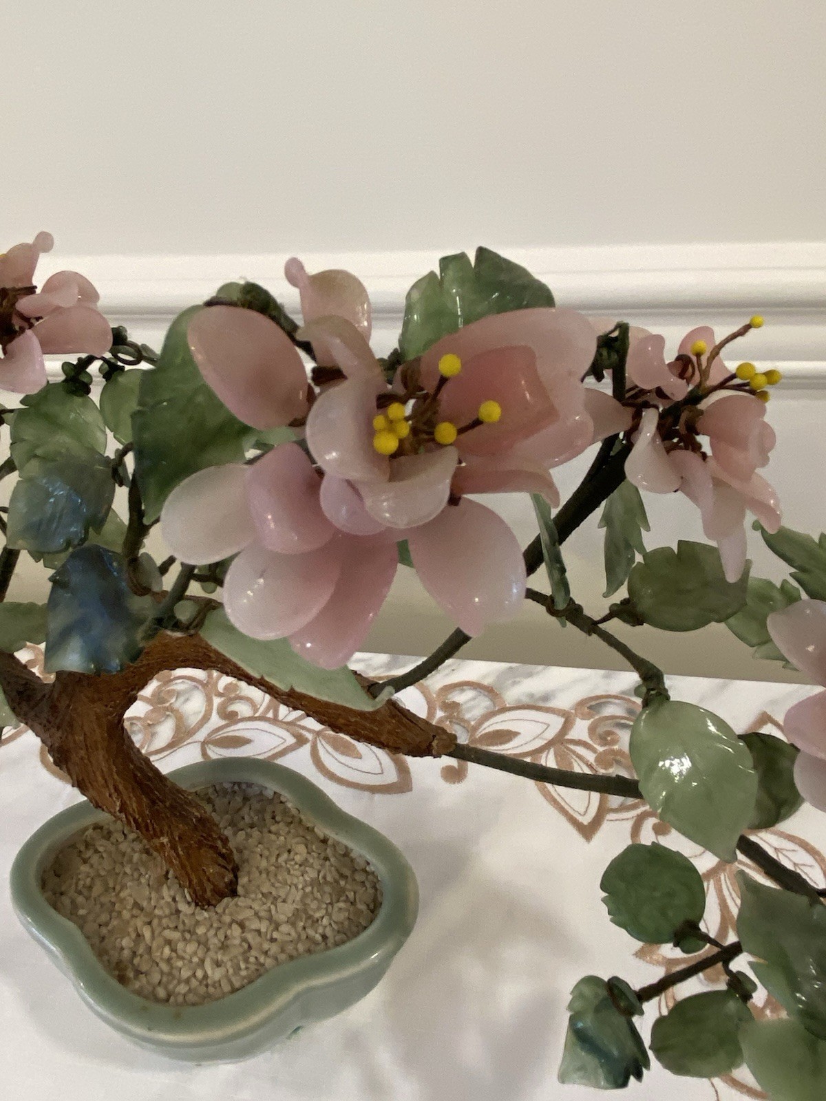 Vintage Japan Art Glass Jade Bonsai Tree with pale pink flowers 9.5” H x 11”W.