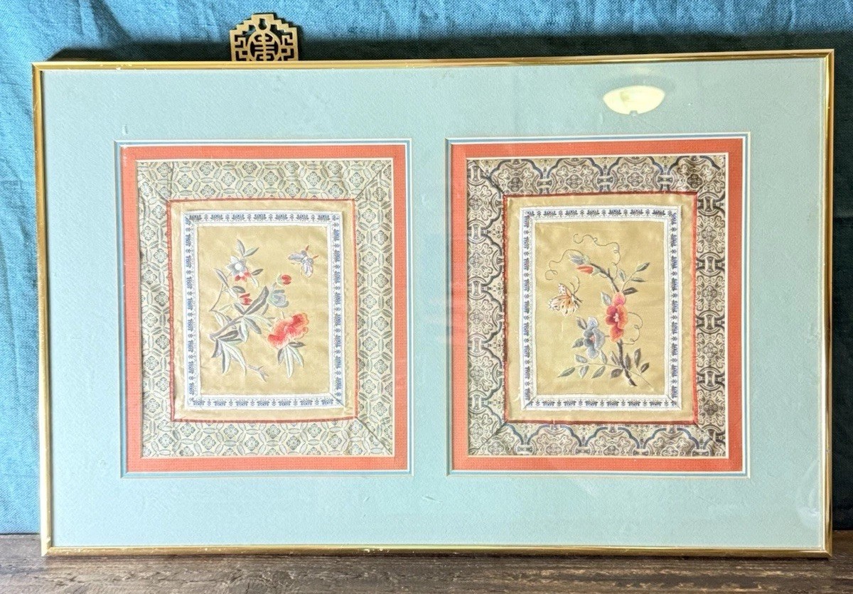 Vintage Chinese Silk Embroidery Double Panel Framed Butterflies Flowers