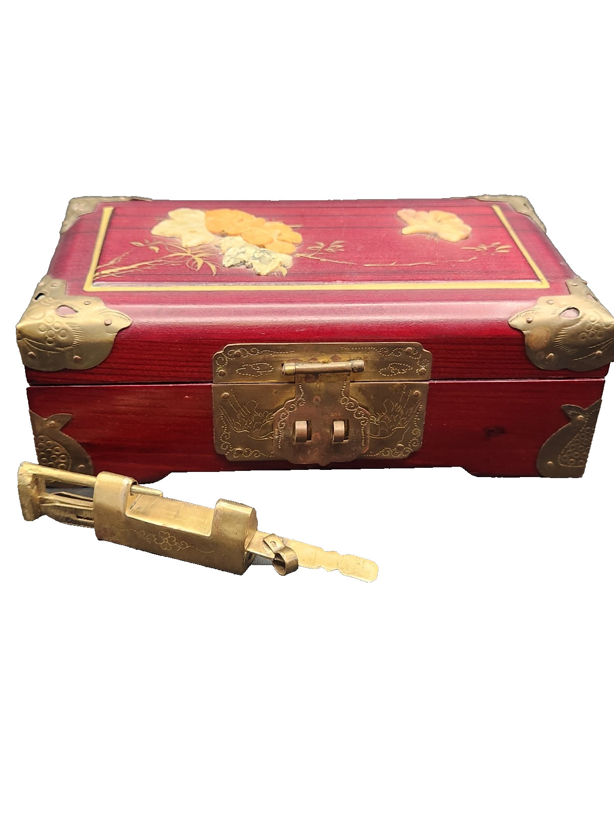 Wood & Brass Locking Box Shanghai China W/Lock & Key Jewelry Trinket – Vintage