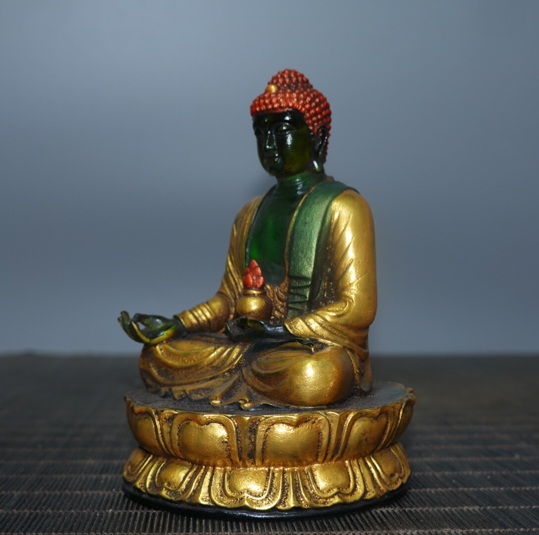4.7″ Chinese Green Coloured Glaze Paintings Gild Buddhism Medicine Buddha Statue