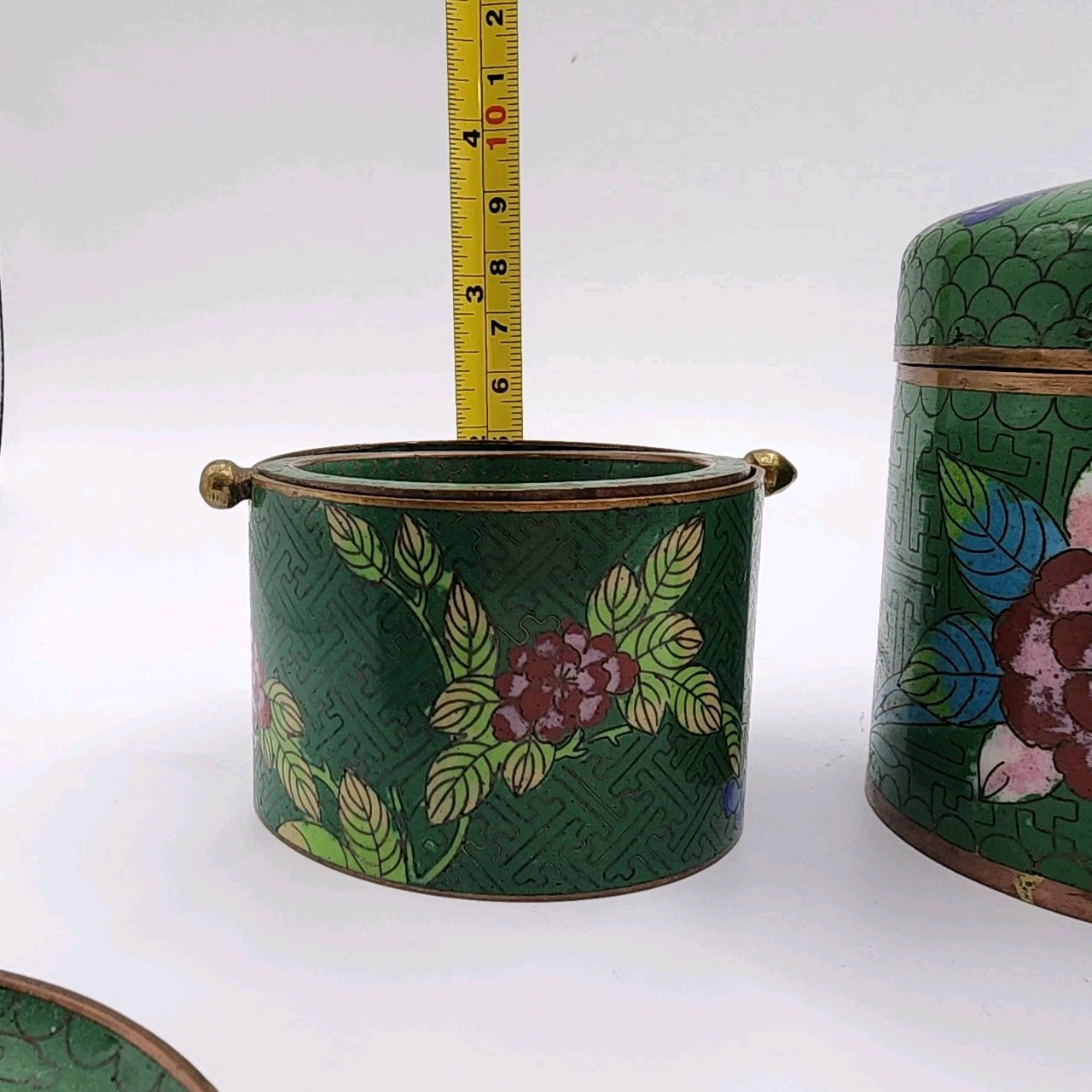 Vtg Green Chinese Lidded Cigarette Matches Ashtray Cloisonné Set Blue Enamel