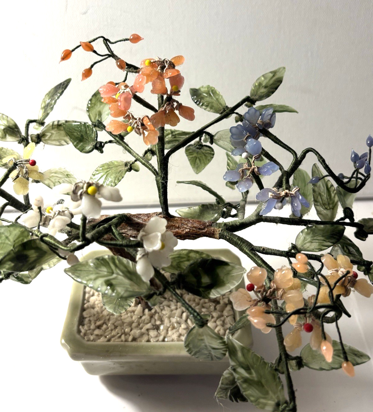 Vintage Bonsai Tree Multicolor Flowers Leaves Carved Blooms Asian