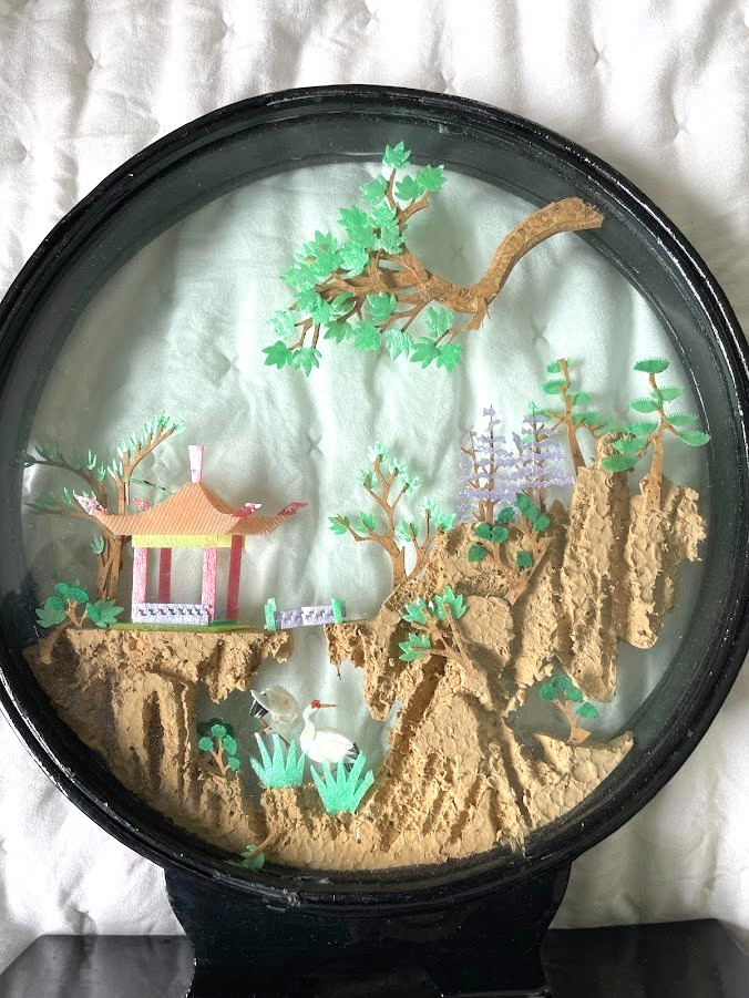 Vintage Carved Cork Chinese Art Diorama round glass framed birds tree pagoda 10″