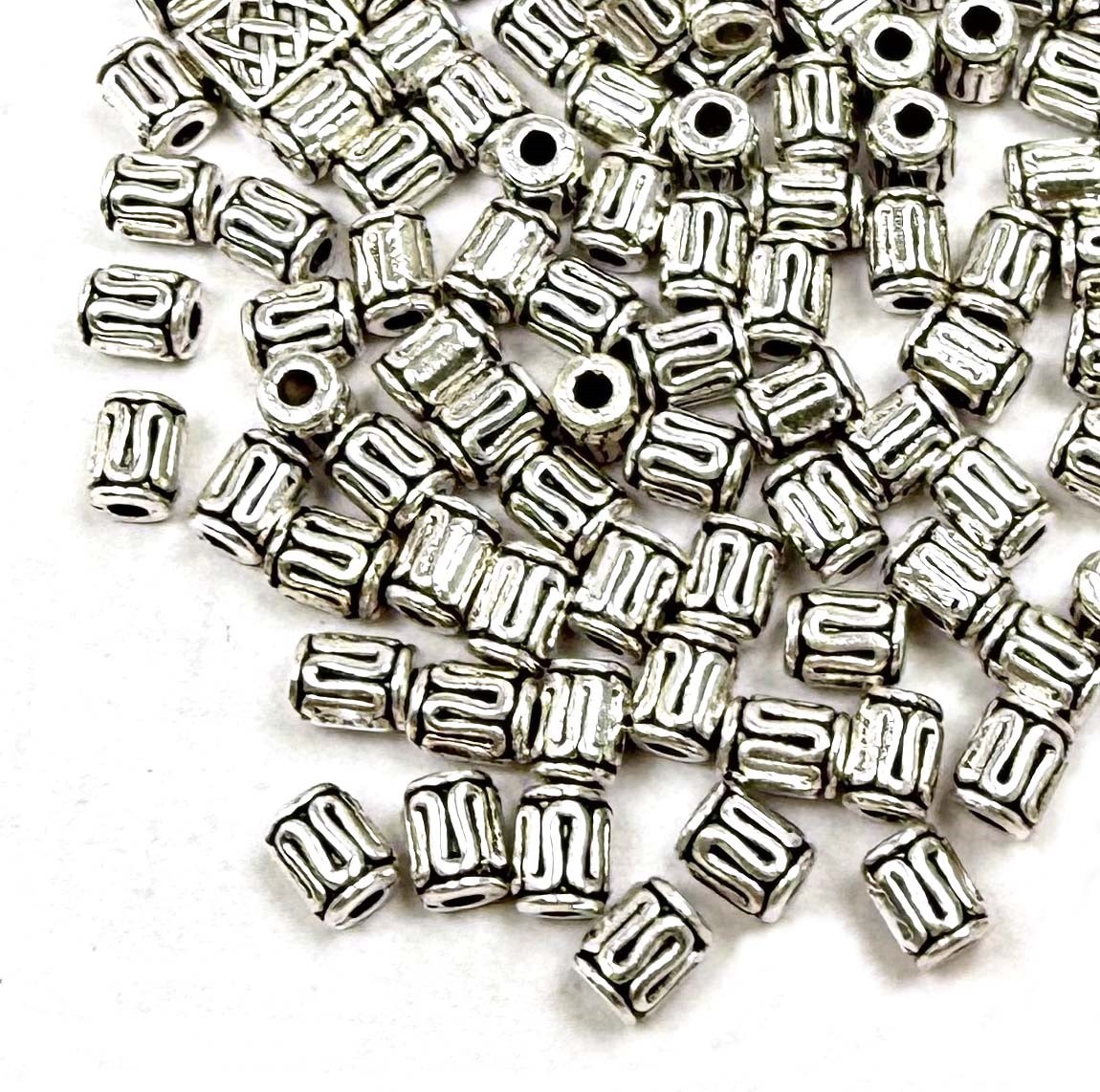 50 Tube Spacer Beads Antique Silver Pewter Scroll Spiral Pattern Cylinder Drum